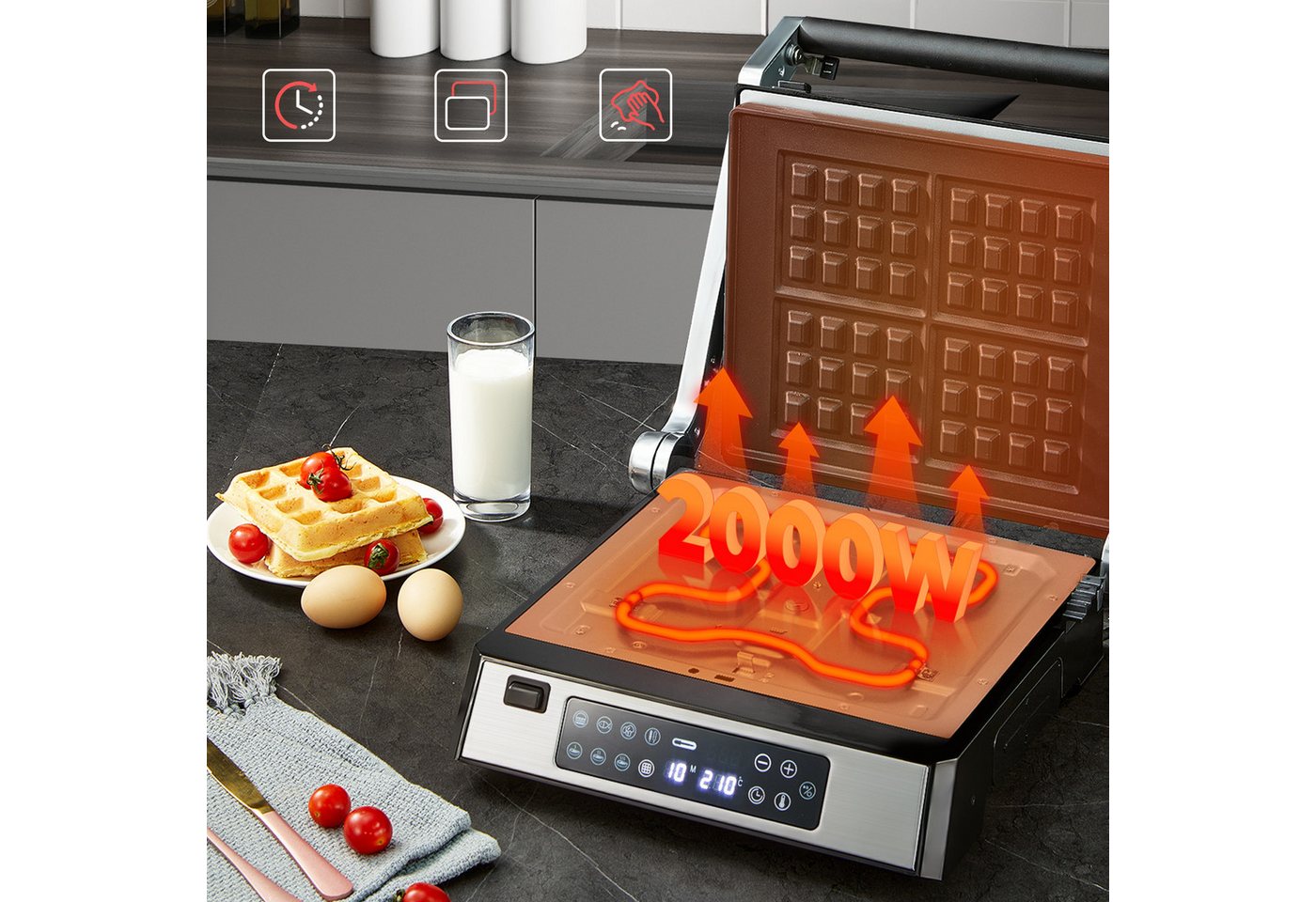 FOHERE Kontaktgrill 4 in 1, Paninimaker, Multifunktions-Waffeleisen & Sandwichmaker, 2200 W, mit 8 Programme, abnehmbaren Platten und LED-Diaplay Bild 4