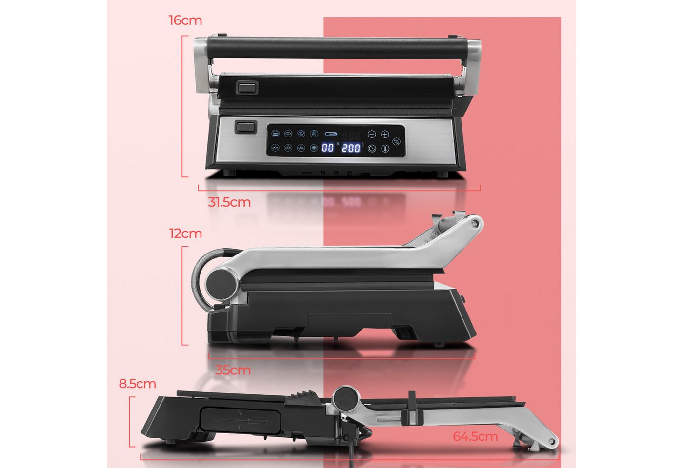 FOHERE Kontaktgrill 4 in 1, Paninimaker, Multifunktions-Waffeleisen & Sandwichmaker, 2200 W, mit 8 Programme, abnehmbaren Platten und LED-Diaplay Bild 5