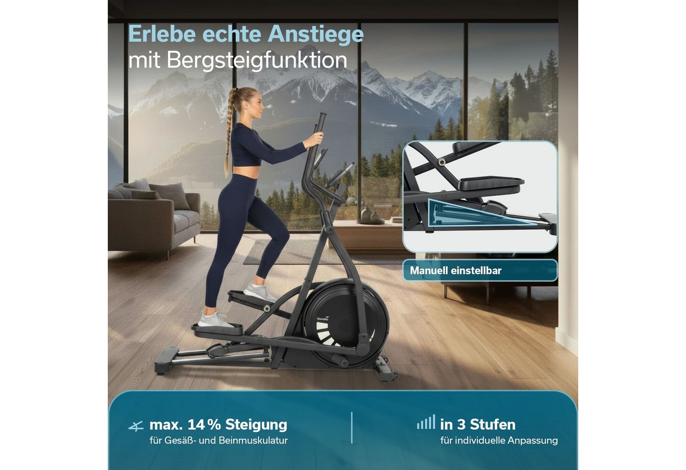 Skandika Crosstrainer für Zuhause Carbon P23-S, Ellipsentrainer, Steigungsfunktion (Kinomap App kompatibel, bis 135 kg, Transportrollen, Tablet-Halterung), Rahmen aus Eisen, 32 Stufen, 22 Programme, Magnetbremse, Bluetooth Bild 2