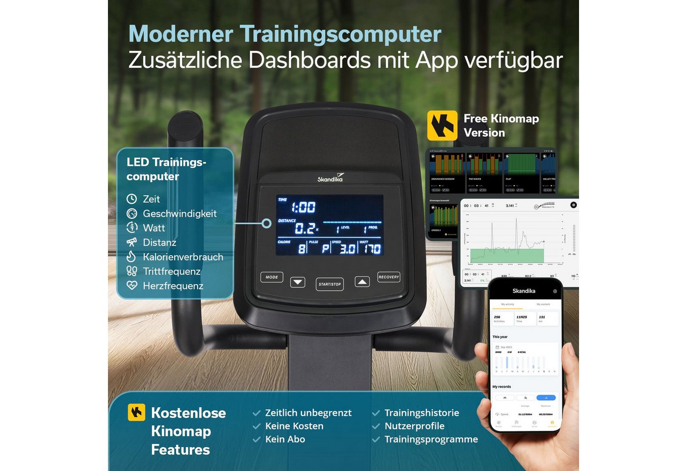 Skandika Crosstrainer für Zuhause Carbon P23-S, Ellipsentrainer, Steigungsfunktion (Kinomap App kompatibel, bis 135 kg, Transportrollen, Tablet-Halterung), Rahmen aus Eisen, 32 Stufen, 22 Programme, Magnetbremse, Bluetooth Bild 4