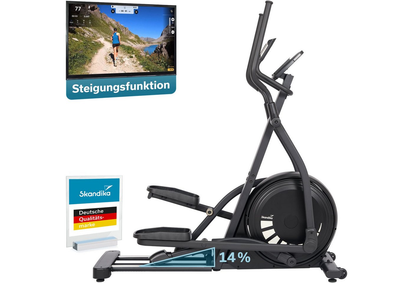 Skandika Crosstrainer für Zuhause Carbon P23-S, Ellipsentrainer, Steigungsfunktion (Kinomap App kompatibel, bis 135 kg, Transportrollen, Tablet-Halterung), Rahmen aus Eisen, 32 Stufen, 22 Programme, Magnetbremse, Bluetooth Bild 5