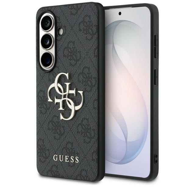 Guess Handyhülle Hülle Galaxy S26 Kunstleder grau goldfarbenes 4G Big Logo Metall 6,3 Zoll, Kantenschutz