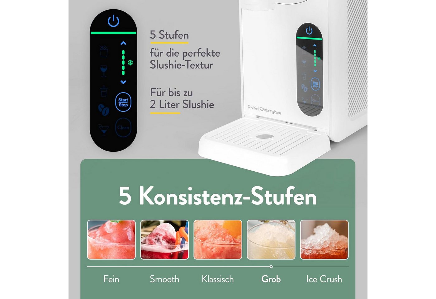 Springlane Slush-Eismaschine Sophie, 5-in-1 Slushmaker, 2 Liter, Quickfreeze, Rezeptbuch, Geräuscharm, Selbstreinigung, einstellbare Konsistenz, 12h kühlhalten Bild 2