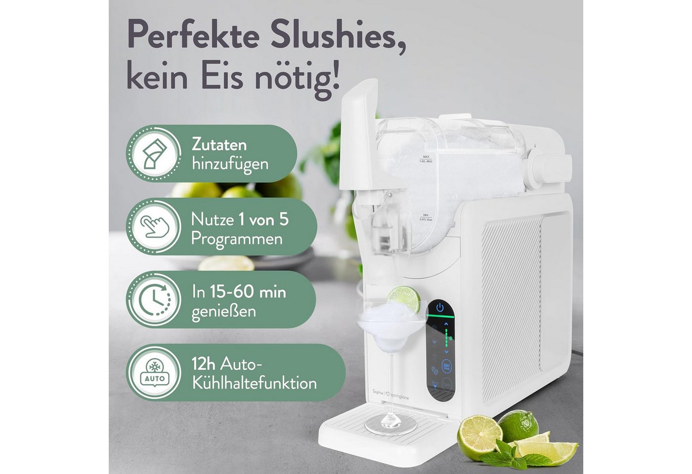 Springlane Slush-Eismaschine Sophie, 5-in-1 Slushmaker, 2 Liter, Quickfreeze, Rezeptbuch, Geräuscharm, Selbstreinigung, einstellbare Konsistenz, 12h kühlhalten Bild 5