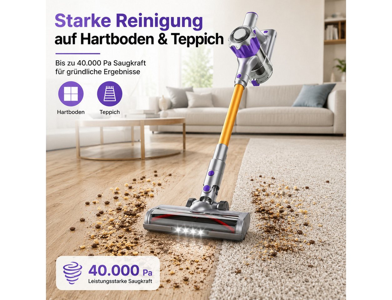 Goldstern-Tech Akku-Hand-und Stielstaubsauger, 450 W, beutellos, bis zu 50 Min Laufzeit, LED-Display, HEPA-Filter Bild 2