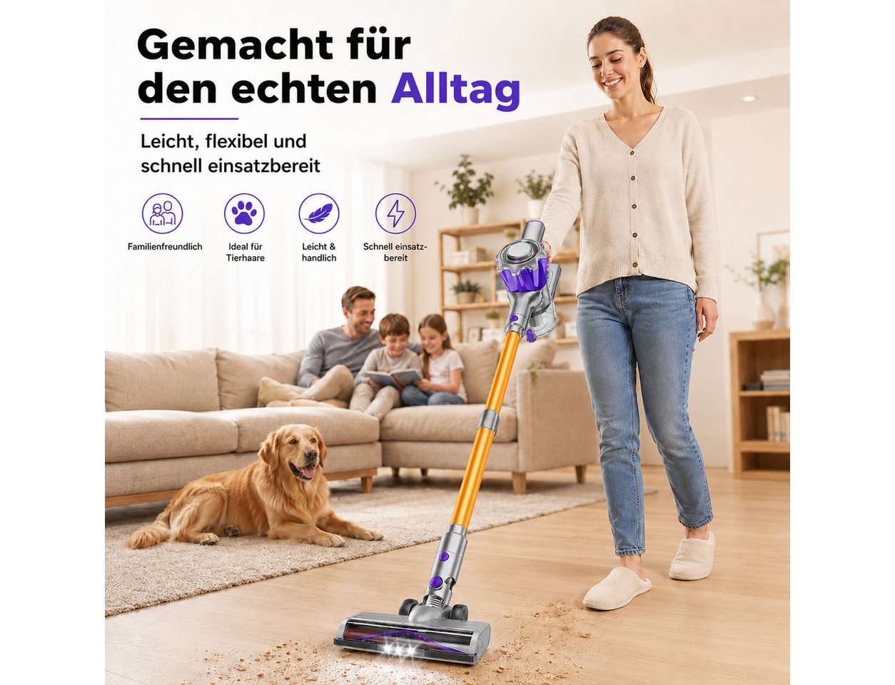 Goldstern-Tech Akku-Hand-und Stielstaubsauger, 450 W, beutellos, bis zu 50 Min Laufzeit, LED-Display, HEPA-Filter Bild 5