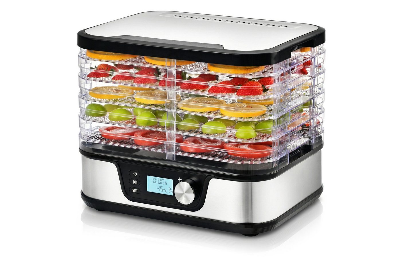 Arendo Dörrautomat mit Temperaturregler, 5 Etagen, 35-75°C, Edelstahl, Dörrgerät, Display 380 W, 5 Etagen, Timer 24h, BPA-frei, für Fleisch/Obst/Gemüse, 5 Einlegefächer Bild 2