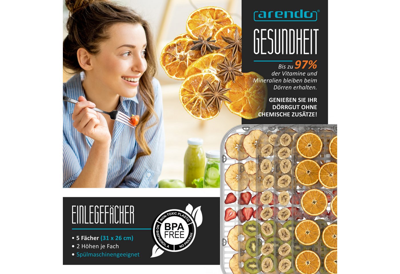 Arendo Dörrautomat mit Temperaturregler, 5 Etagen, 35-75°C, Edelstahl, Dörrgerät, Display 380 W, 5 Etagen, Timer 24h, BPA-frei, für Fleisch/Obst/Gemüse, 5 Einlegefächer Bild 3