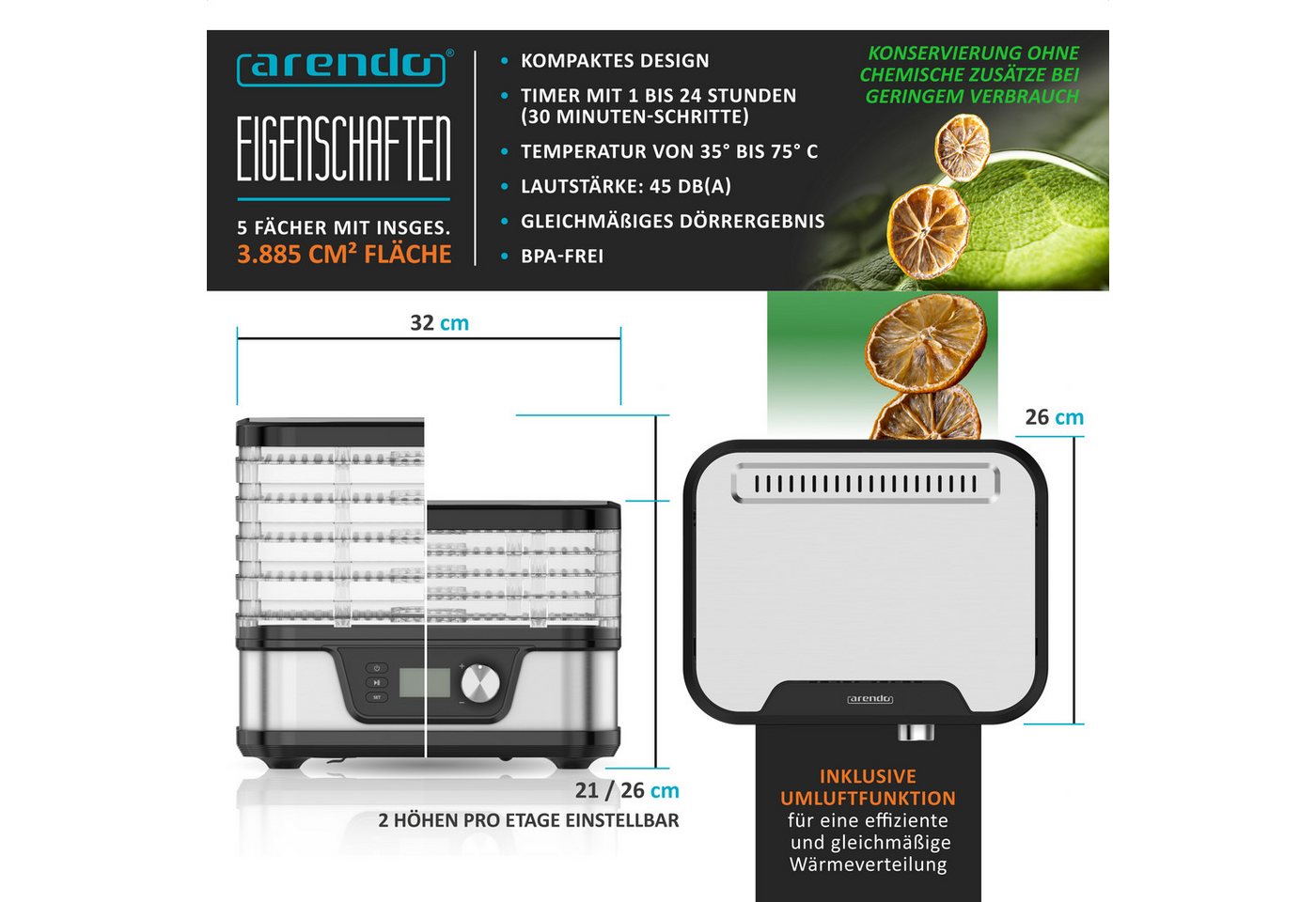 Arendo Dörrautomat mit Temperaturregler, 5 Etagen, 35-75°C, Edelstahl, Dörrgerät, Display 380 W, 5 Etagen, Timer 24h, BPA-frei, für Fleisch/Obst/Gemüse, 5 Einlegefächer Bild 4