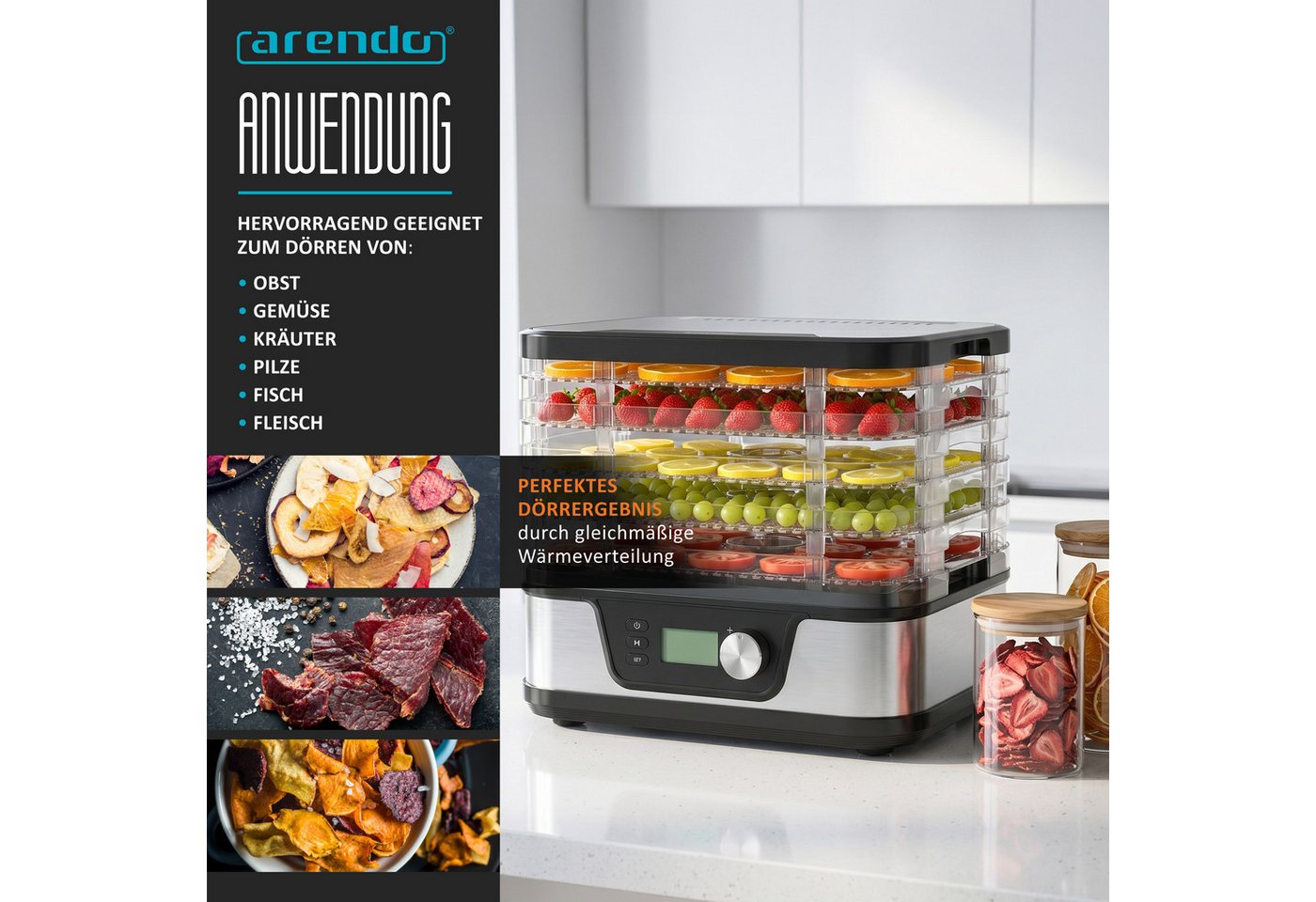 Arendo Dörrautomat mit Temperaturregler, 5 Etagen, 35-75°C, Edelstahl, Dörrgerät, Display 380 W, 5 Etagen, Timer 24h, BPA-frei, für Fleisch/Obst/Gemüse, 5 Einlegefächer Bild 5