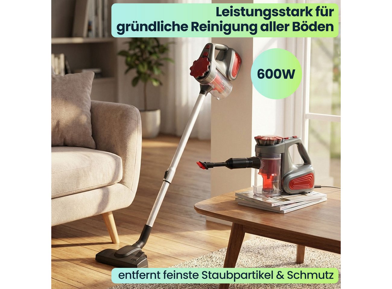 Expo Börse Bodenstaubsauger Handstaubsauger 2-in1 Zyklon Staubsauger beutellos 600 ml bordeaux, 600 W, beutellos, langlebig & pflegeleicht, 5 m langes Kabel, mit Filtersystem Bild 4
