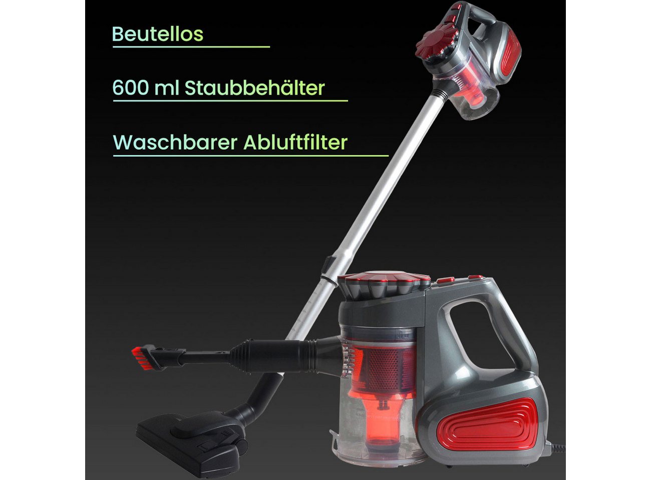 Expo Börse Bodenstaubsauger Handstaubsauger 2-in1 Zyklon Staubsauger beutellos 600 ml bordeaux, 600 W, beutellos, langlebig & pflegeleicht, 5 m langes Kabel, mit Filtersystem Bild 5