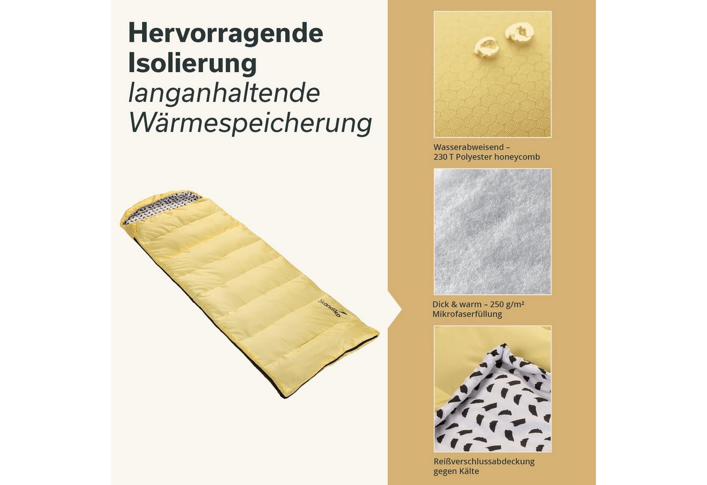 Skandika Schlafsack Iceland, Polycotton, atmungsaktiv, Innentasche mit Klett (2-Wege-Reißverschluss mit Kälteschutz, Stoffsteg, Webbandklemmschutz), 3 Jahreszeiten, 220 x 80 cm, koppelbar, bis -10° C, Packsack Bild 2