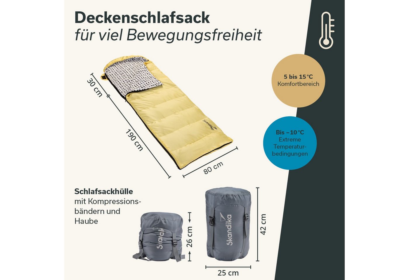 Skandika Schlafsack Iceland, Polycotton, atmungsaktiv, Innentasche mit Klett (2-Wege-Reißverschluss mit Kälteschutz, Stoffsteg, Webbandklemmschutz), 3 Jahreszeiten, 220 x 80 cm, koppelbar, bis -10° C, Packsack Bild 3