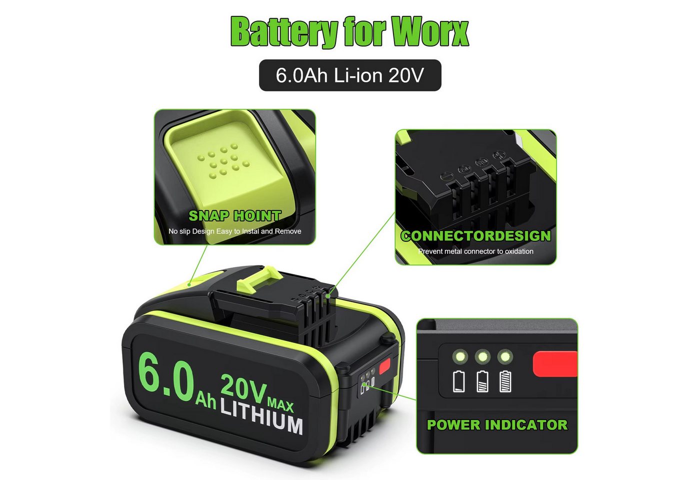 Athlix Ersatz Akku 6,0 Ah für Worx 20-V-Akku, WA3572 WA3553 WX390 WA3551 Akkupacks (2 St), 6000 mAh, 20 % längere Laufzeit, für Worx Geräte Bild 5