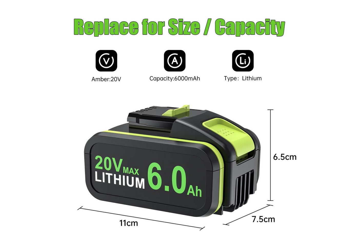 Athlix Ersatz Akku 6,0 Ah für Worx 20-V-Akku, WA3572 WA3553 WX390 WA3551 Akkupacks (1 St), 6000 mAh, 20 % längere Laufzeit, für Worx Geräte Bild 2
