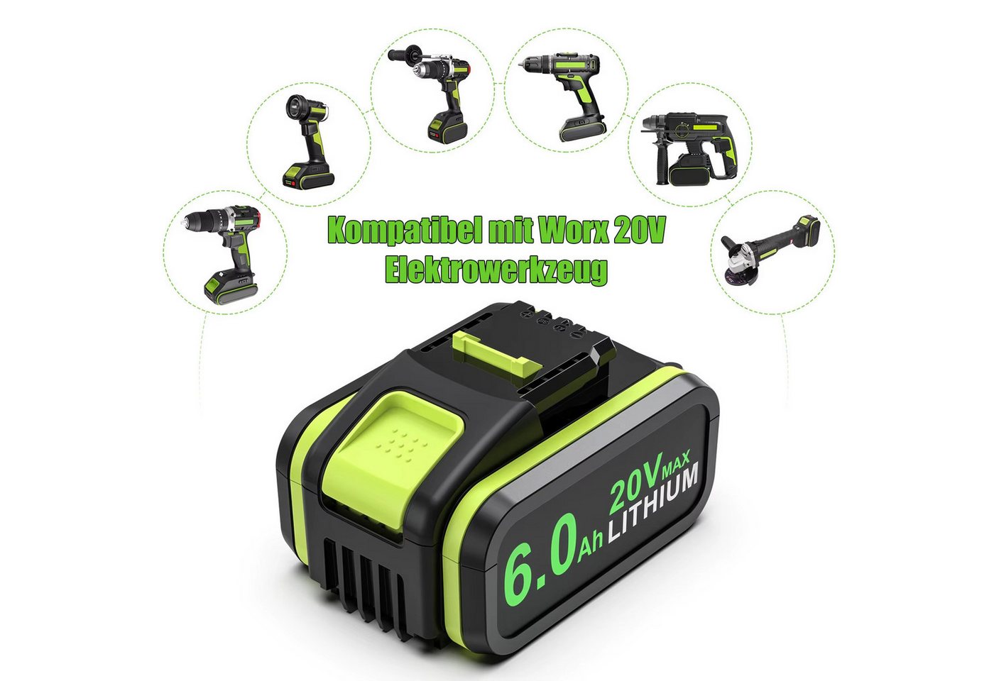 Athlix Ersatz Akku 6,0 Ah für Worx 20-V-Akku, WA3572 WA3553 WX390 WA3551 Akkupacks (1 St), 6000 mAh, 20 % längere Laufzeit, für Worx Geräte Bild 4