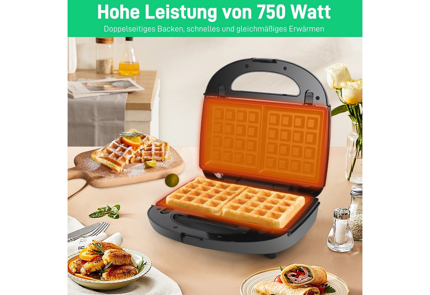 OZAVO 3-in-1-Sandwichmaker OZ320 3-in-1 Sandwichmaker & Waffeleisen & Kontaktgrill, 750 W, Antihaftbeschichtung, Vertikale Aufbewahrung,23.7*22cm Bild 2