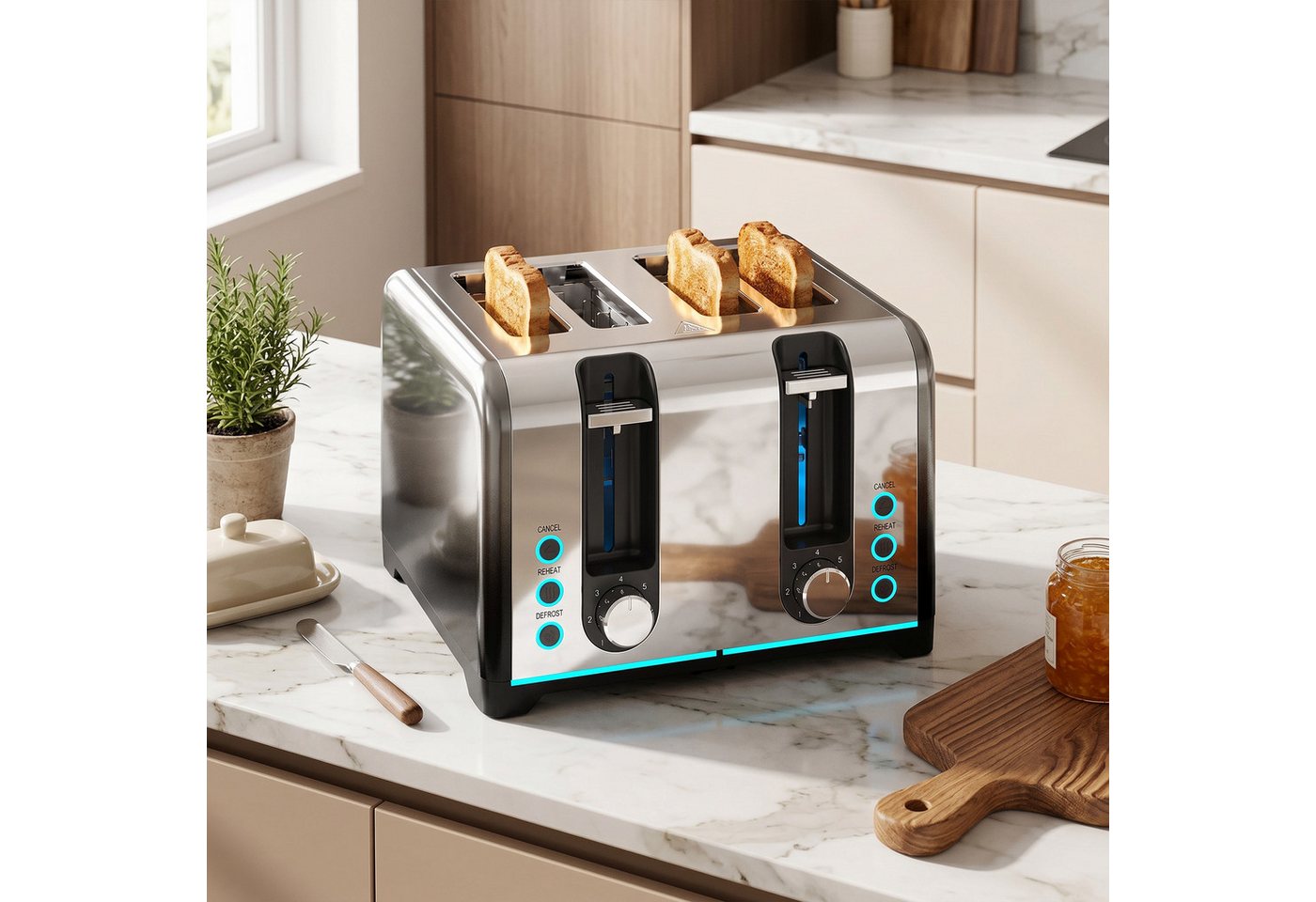 HOMCOM Toaster selbstzentrierende Schlitze, herausnehmbare Krümelschublade, 4 kurze Schlitze, für 4 Scheiben, 1860 W, 4 Schlitze, 7 Bräunungsstufen, Auftauen, Aufwärmen, Auto-Abschaltung Bild 2