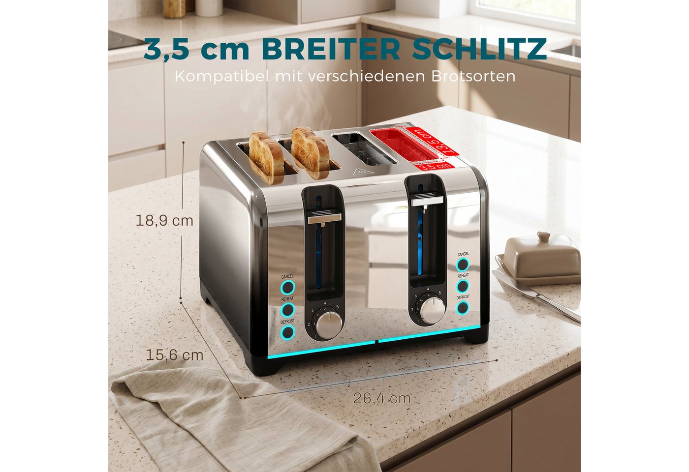 HOMCOM Toaster selbstzentrierende Schlitze, herausnehmbare Krümelschublade, 4 kurze Schlitze, für 4 Scheiben, 1860 W, 4 Schlitze, 7 Bräunungsstufen, Auftauen, Aufwärmen, Auto-Abschaltung Bild 4