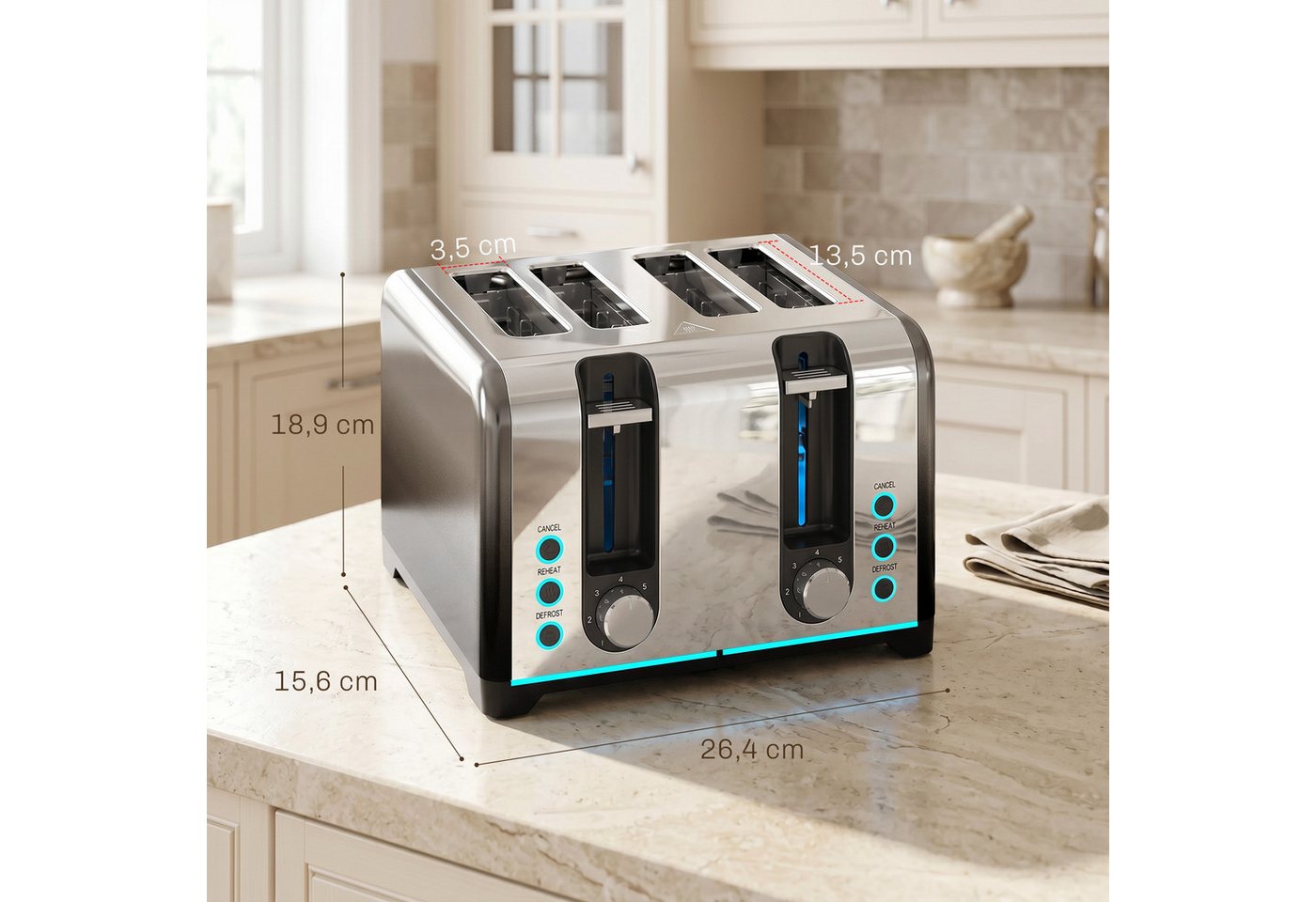 HOMCOM Toaster selbstzentrierende Schlitze, herausnehmbare Krümelschublade, 4 kurze Schlitze, für 4 Scheiben, 1860 W, 4 Schlitze, 7 Bräunungsstufen, Auftauen, Aufwärmen, Auto-Abschaltung Bild 5