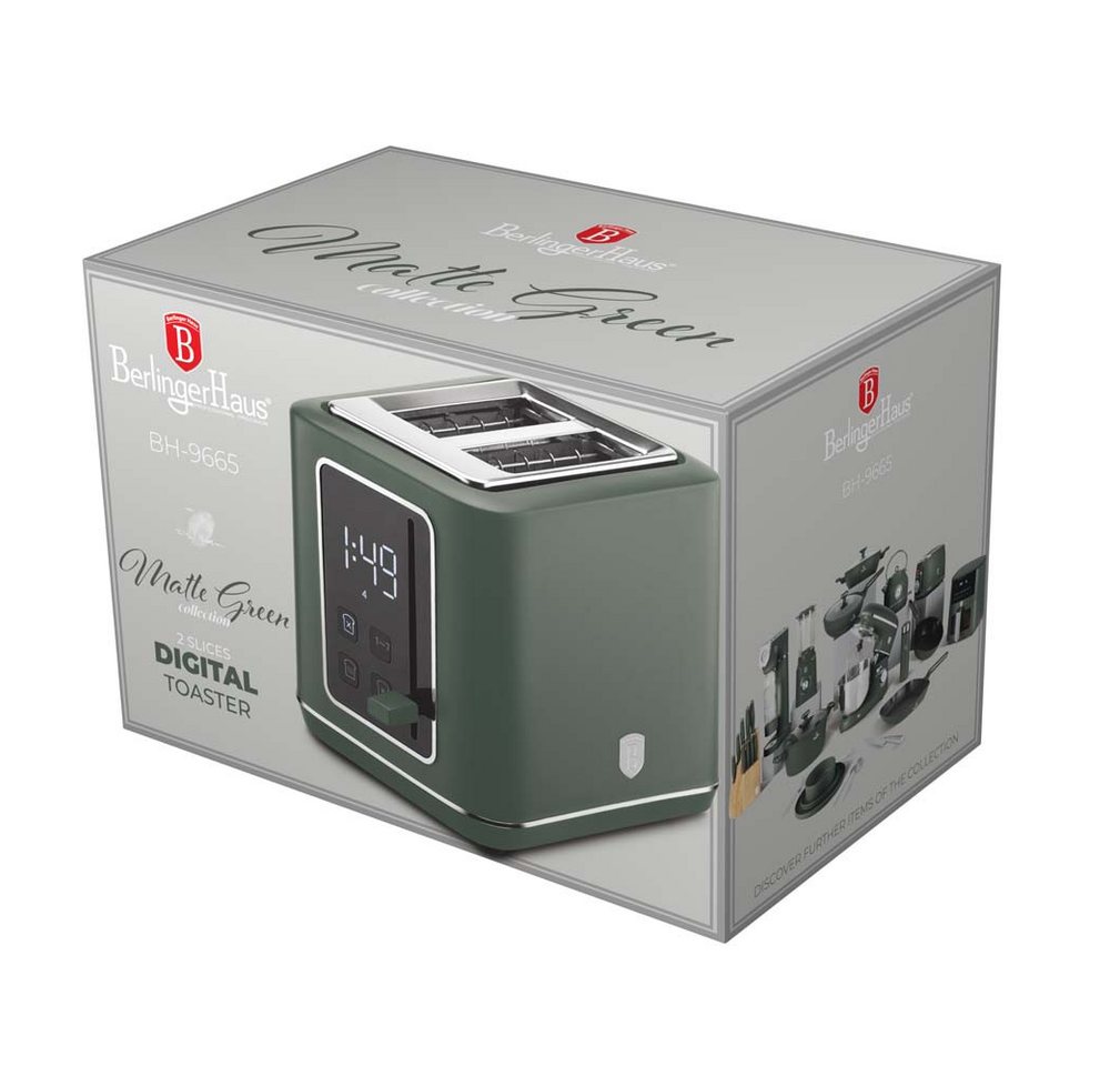 BerlingerHaus Toaster Mattgrün, 2 kurze Schlitze, für 2 Scheiben, 870 W, LED-Display, 7 Bräunungsstufen, Auftau- & Aufwärmfunktion Bild 3