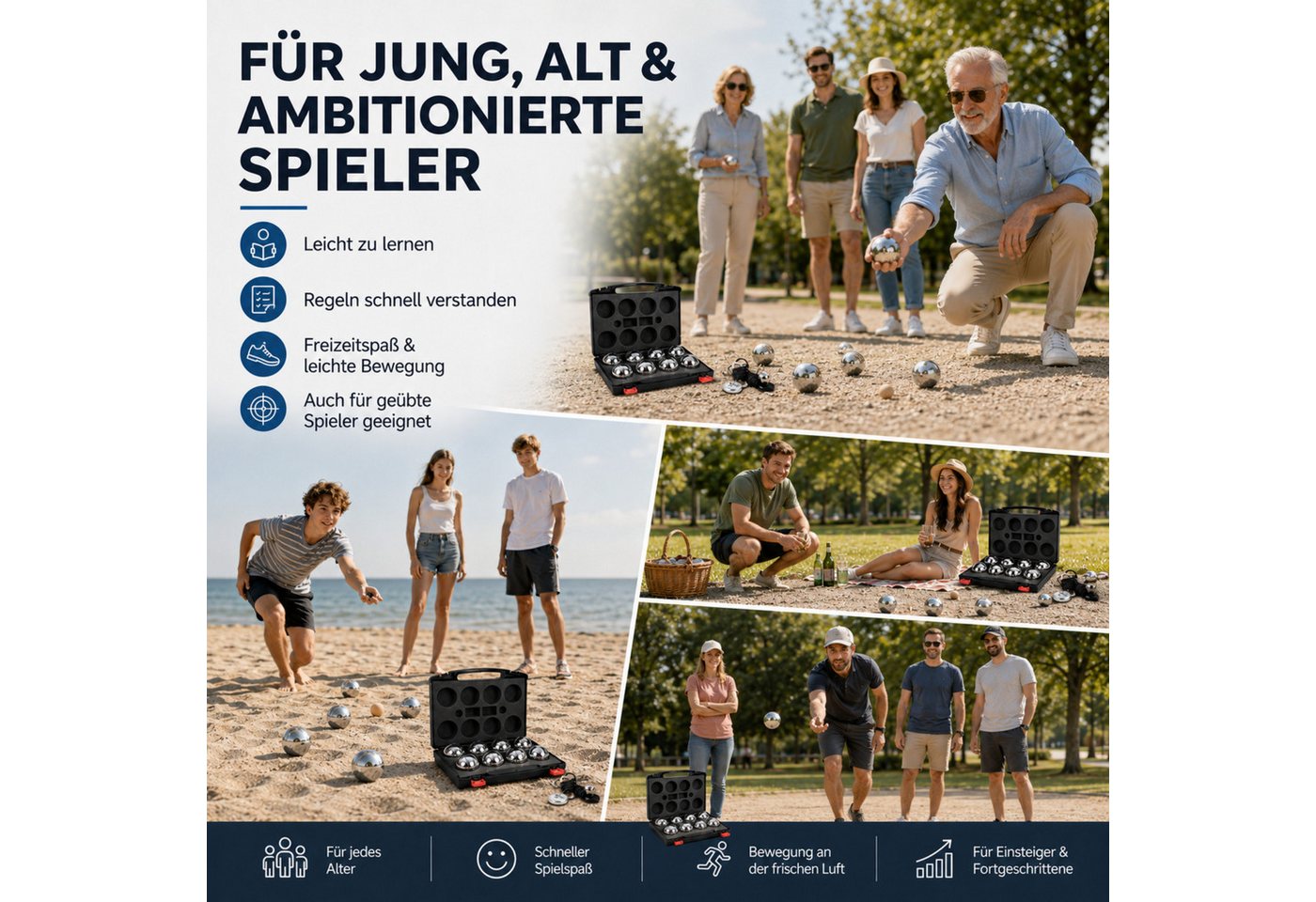 lindahandel Spielball Boule Set 6/8 Metallkugeln – Petanque mit Hartschalenkoffer & Tasche (Set, 8), Outdoor Gartenspiel für Erwachsene&Familie – ideal für Camping&Strand