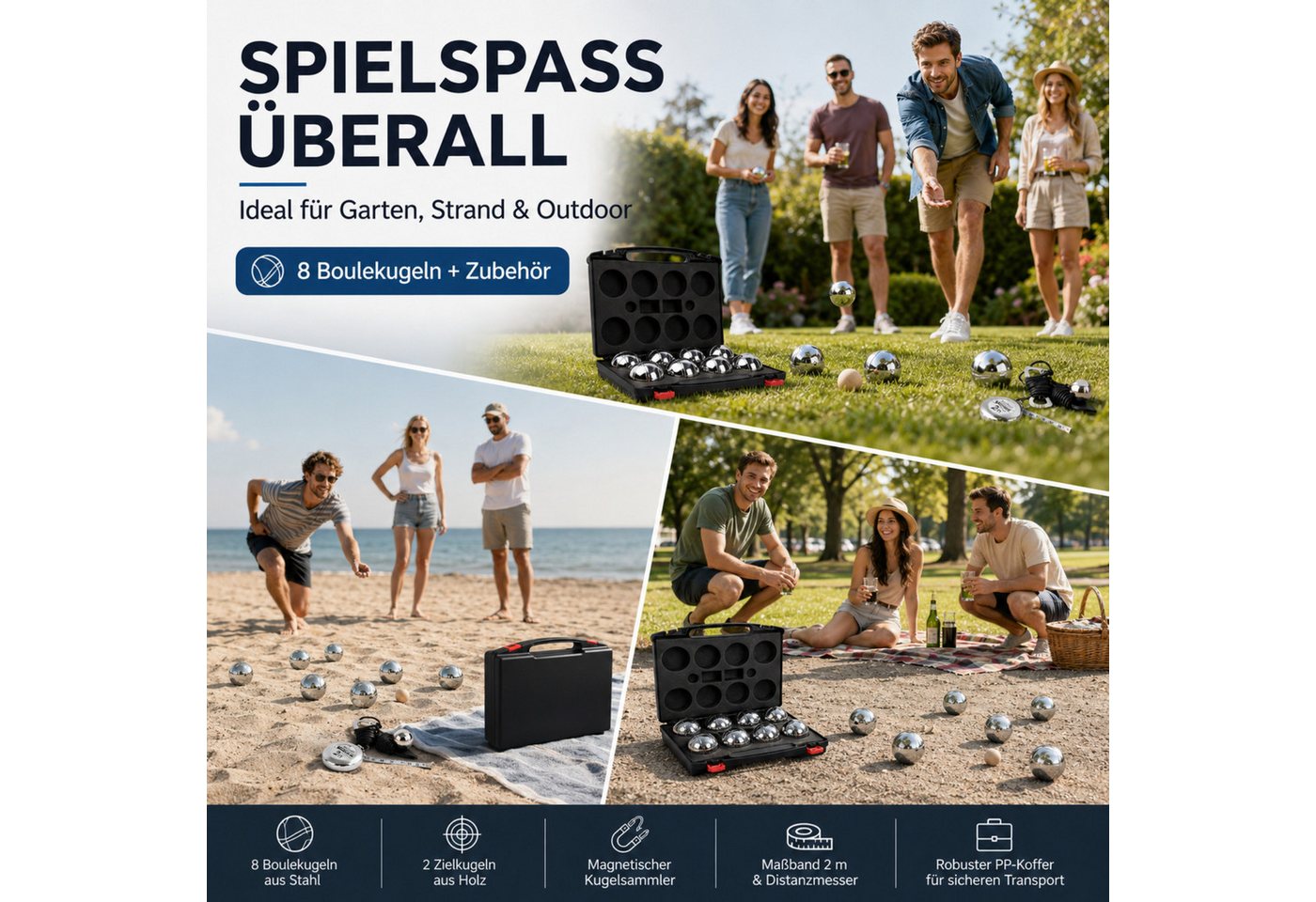 lindahandel Spielball Boule Set 6/8 Metallkugeln – Petanque mit Hartschalenkoffer & Tasche (Set, 8), Outdoor Gartenspiel für Erwachsene&Familie – ideal für Camping&Strand Bild 2