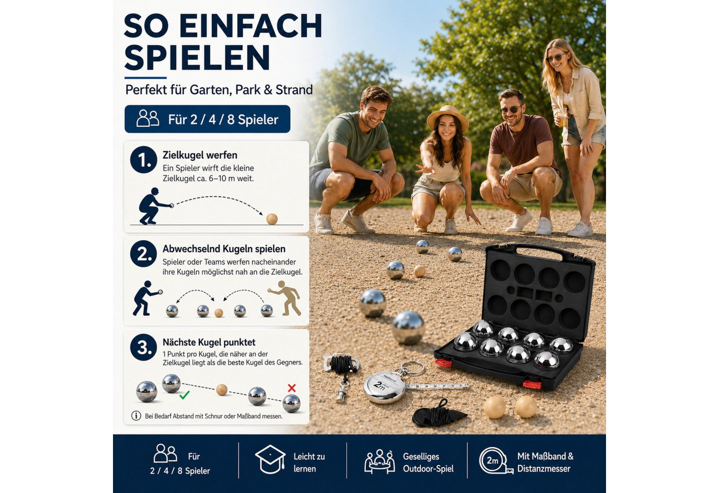 lindahandel Spielball Boule Set 6/8 Metallkugeln – Petanque mit Hartschalenkoffer & Tasche, Outdoor Gartenspiel für Erwachsene&Familie – ideal für Camping&Strand Bild 4