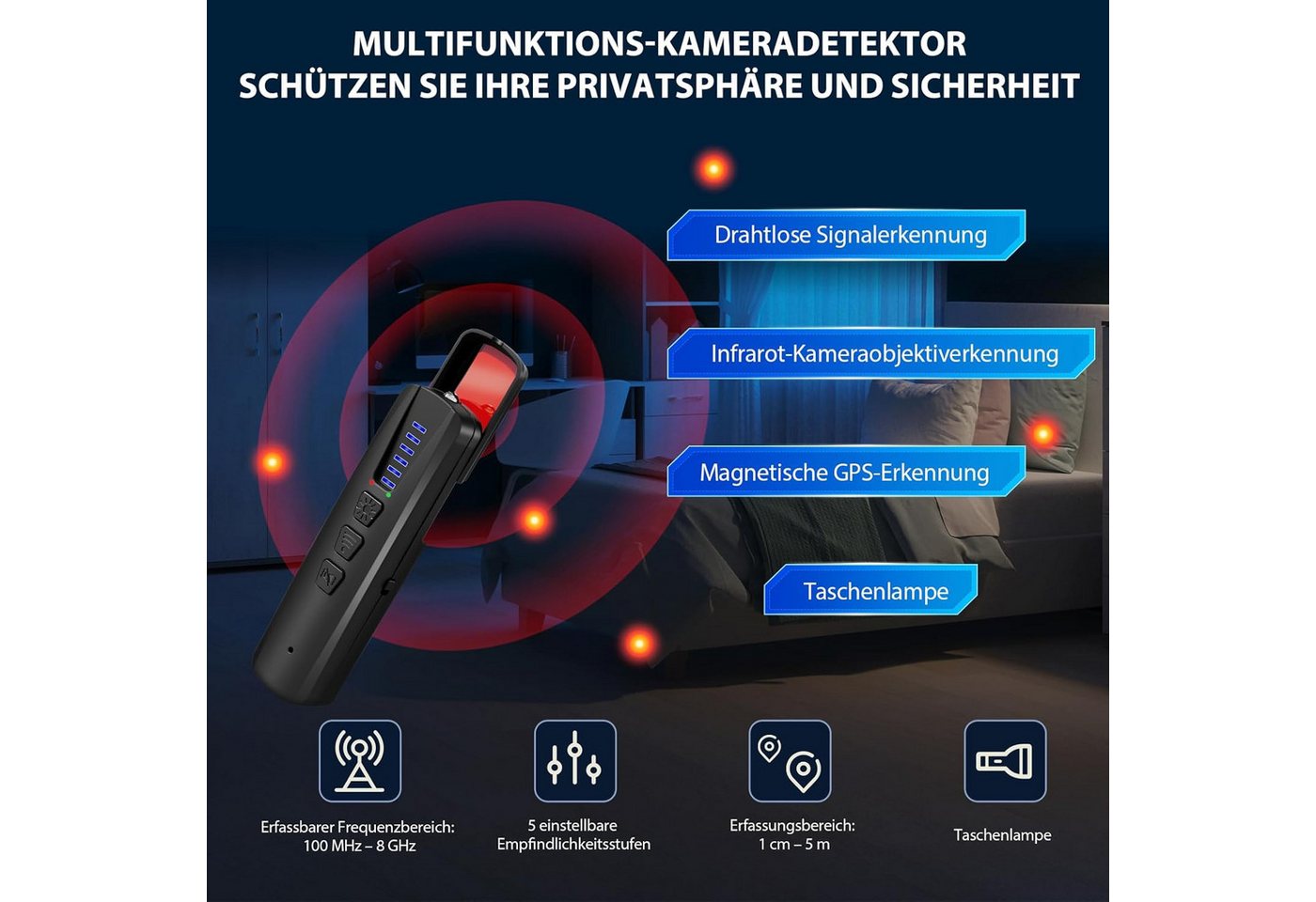 ibettertec Wanzen Detektor, Wanzenfinder Versteckte Kamera Finder GPS-Ortungsgerät (Tracker, Abhörgeräte, Funkkameras – für Hotel, Heim, Büro, Reisen) Bild 2