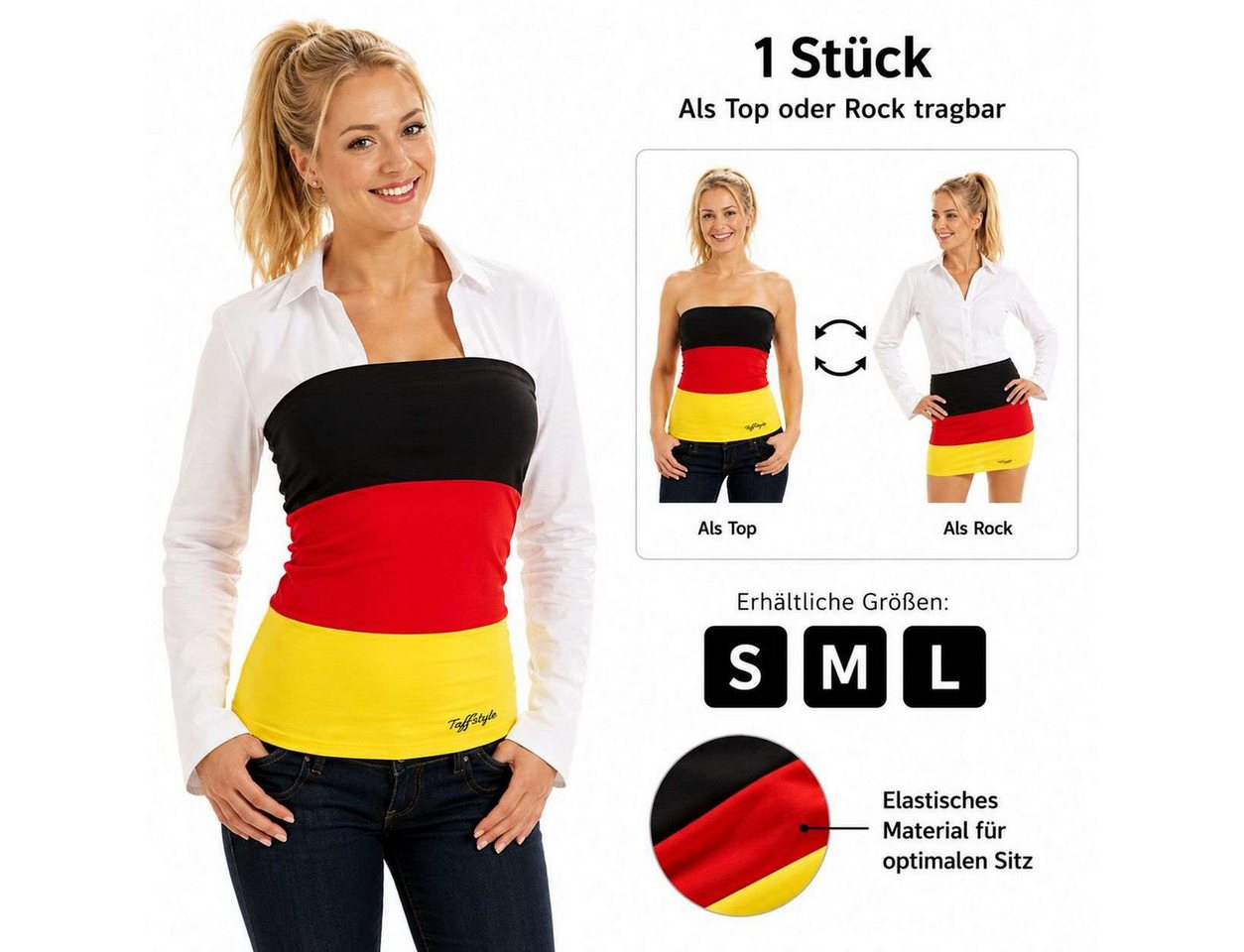 Taffstyle Flagge Deutschland Damen Fanmode als Top oder Rock für Fußballfans EM & WM (Fanrock und Bandeau Top für Fußball EM WM Public Viewing und Stadion), Deutschland Fanmode als Top oder Rock für Fußballfans WM 2026