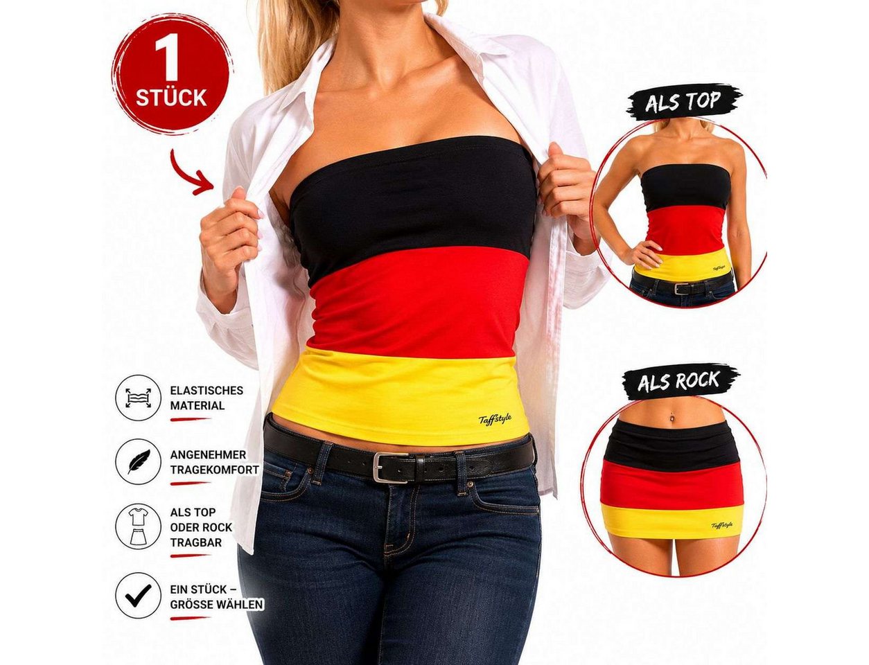 Taffstyle Flagge Deutschland Damen Fanmode als Top oder Rock für Fußballfans EM & WM (Fanrock und Bandeau Top für Fußball EM WM Public Viewing und Stadion), Deutschland Fanmode als Top oder Rock für Fußballfans WM 2026 Bild 2