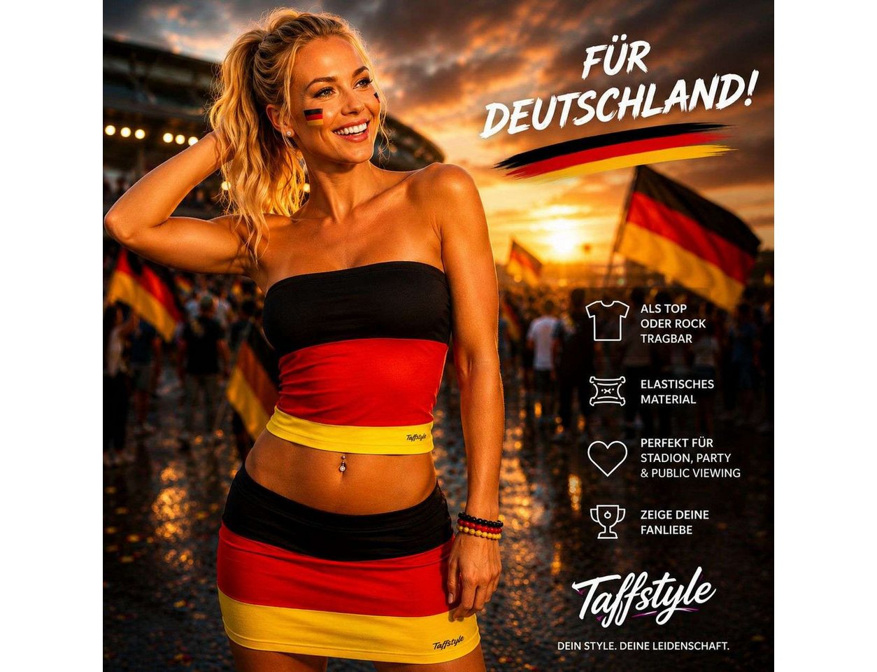 Taffstyle Flagge Deutschland Damen Fanmode als Top oder Rock für Fußballfans EM & WM (Fanrock und Bandeau Top für Fußball EM WM Public Viewing und Stadion), Deutschland Fanmode als Top oder Rock für Fußballfans WM 2026 Bild 3