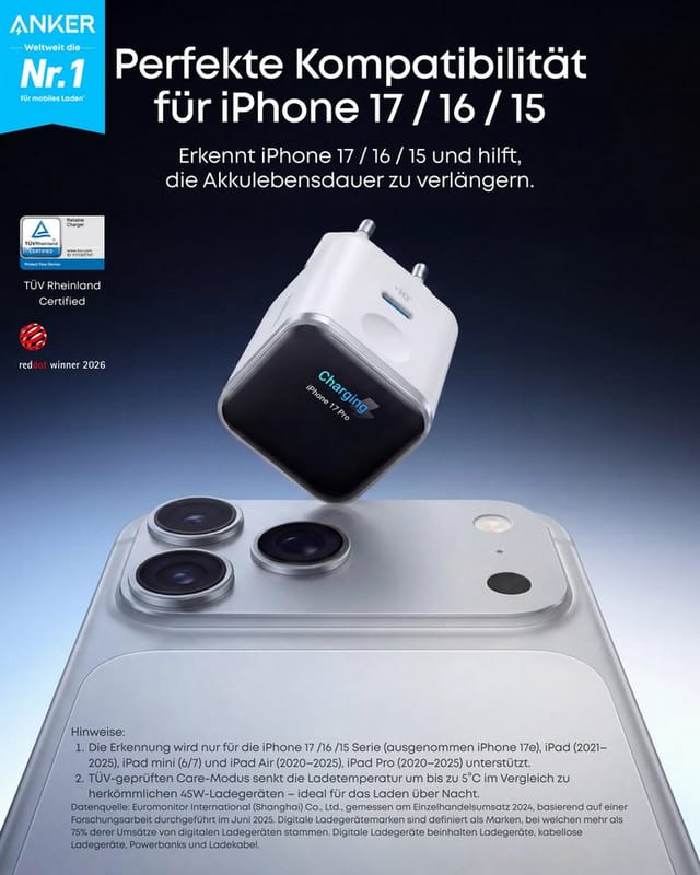 Anker Anker Nano 45W USB C Ladegerät mit Smart Display für iPhone Schnelllade-Gerät (GaN Ladegerät für iPhone 17/16/15 Serie)