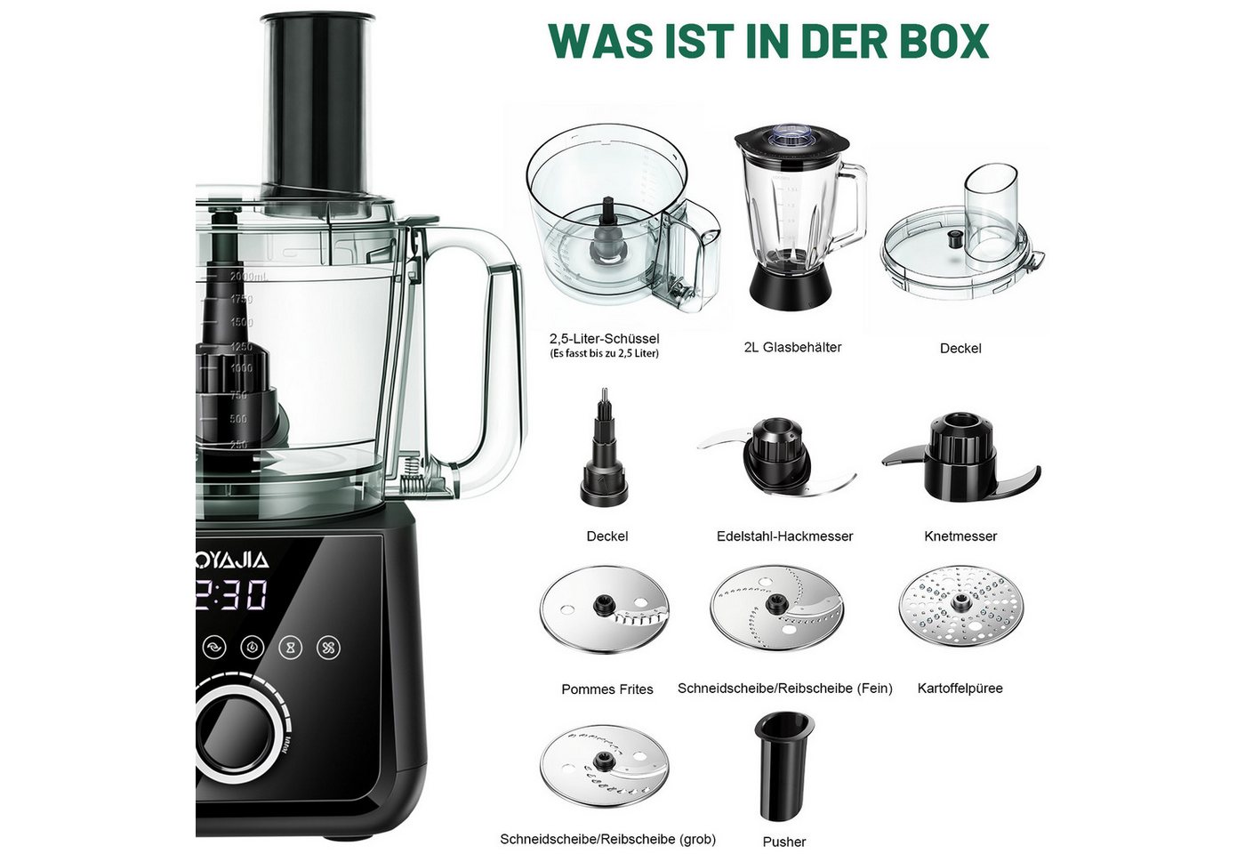 oyajia Küchenmaschine Mixer Kombination, 2,5L Zerkleinerer für Fleisch, Gemüse und Teig, 2L Standmixer mit Glasbehälter, 11 Geschwindigkeitsstufen&Pulsfunktion für Smoothies, Saft usw, 2000 W, 2,5 l Schüssel, Raspelscheiben Zitruspresse Zerkleinerer Eiscrusher Power