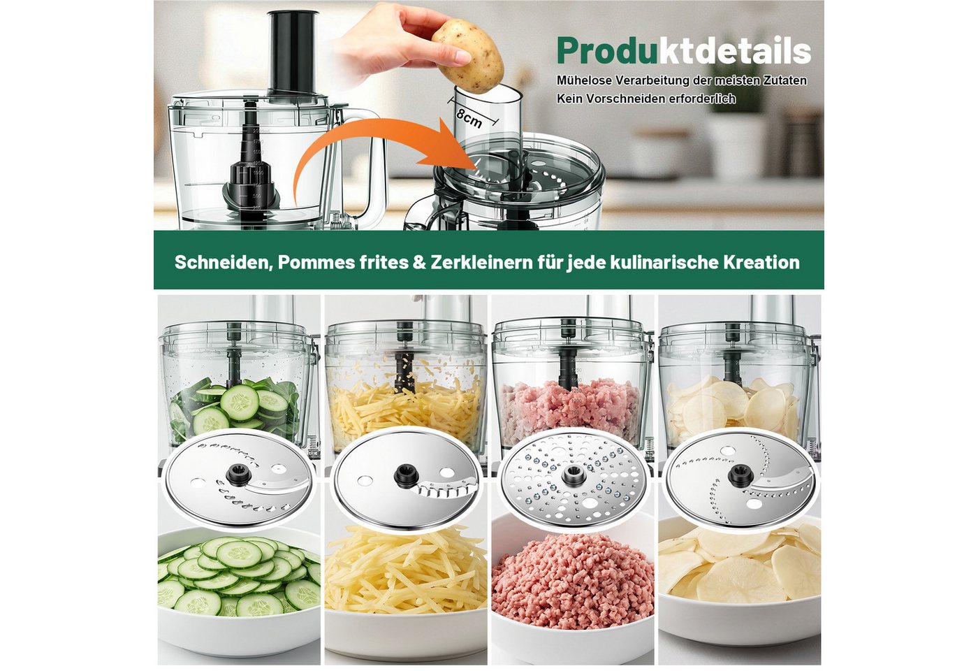 oyajia Küchenmaschine Mixer Kombination, 2,5L Zerkleinerer für Fleisch, Gemüse und Teig, 2L Standmixer mit Glasbehälter, 11 Geschwindigkeitsstufen&Pulsfunktion für Smoothies, Saft usw, 2000 W, 2,5 l Schüssel, Raspelscheiben Zitruspresse Zerkleinerer Eiscrusher Power Bild 2