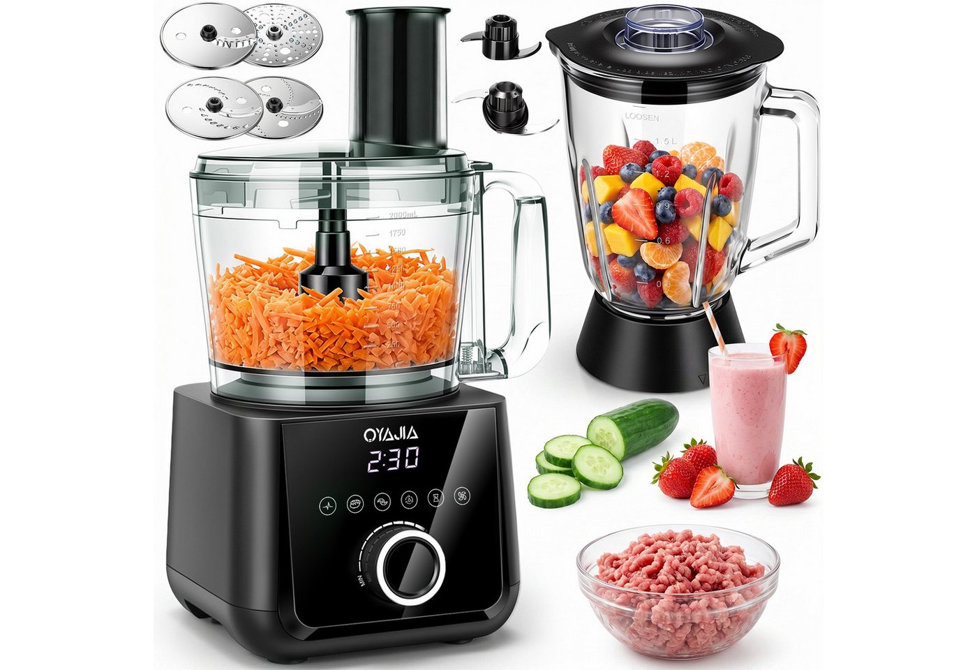 oyajia Küchenmaschine Mixer Kombination, 2,5L Zerkleinerer für Fleisch, Gemüse und Teig, 2L Standmixer mit Glasbehälter, 11 Geschwindigkeitsstufen&Pulsfunktion für Smoothies, Saft usw, 2000 W, 2,5 l Schüssel, Raspelscheiben Zitruspresse Zerkleinerer Eiscrusher Power Bild 3