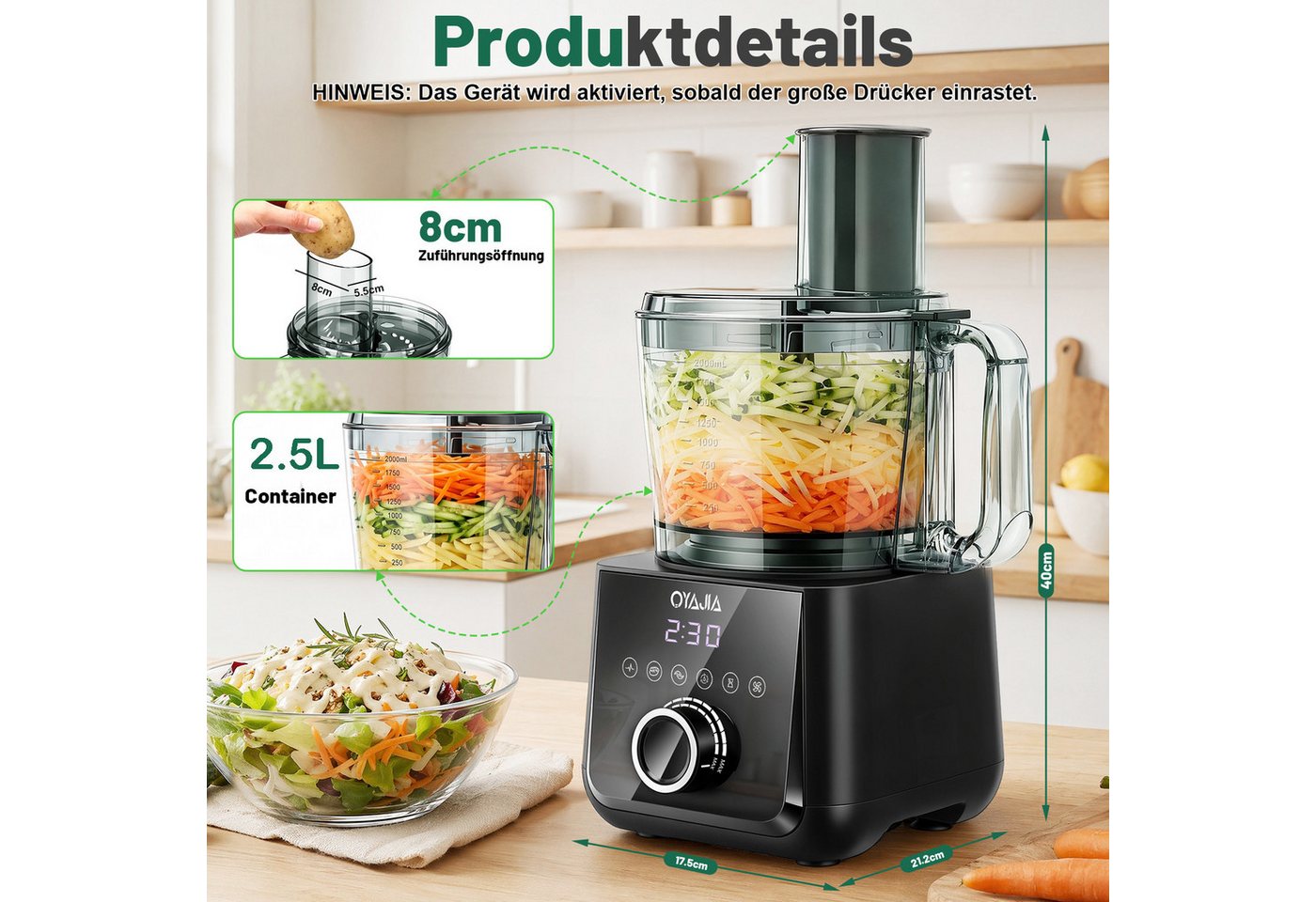 oyajia Küchenmaschine Mixer Kombination, 2,5L Zerkleinerer für Fleisch, Gemüse und Teig, 2L Standmixer mit Glasbehälter, 11 Geschwindigkeitsstufen&Pulsfunktion für Smoothies, Saft usw, 2000 W, 2,5 l Schüssel, Raspelscheiben Zitruspresse Zerkleinerer Eiscrusher Power Bild 4