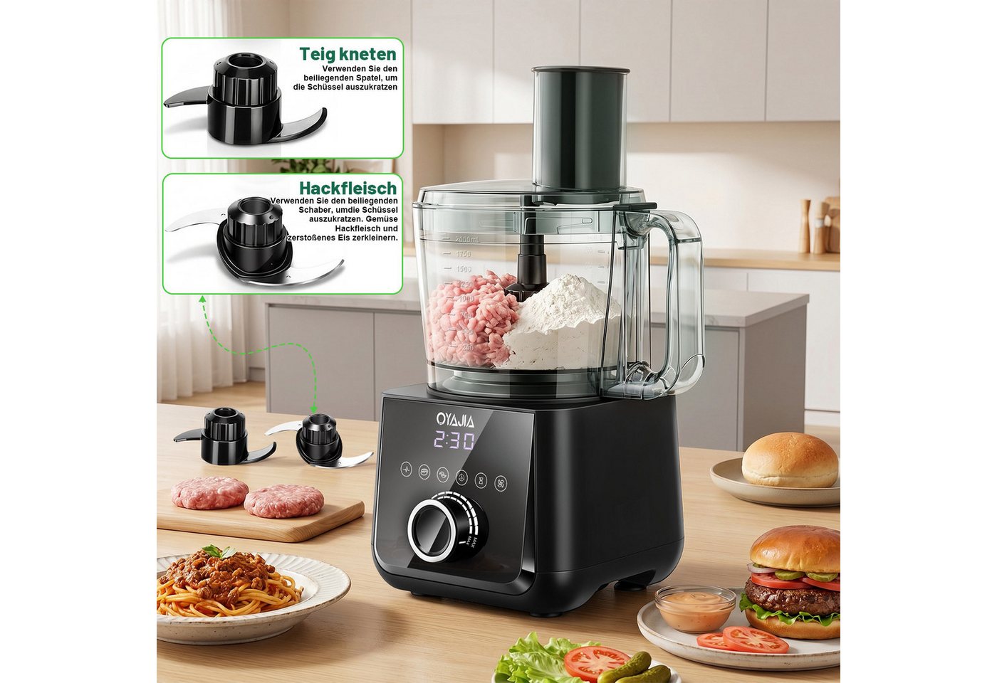 oyajia Küchenmaschine Mixer Kombination, 2,5L Zerkleinerer für Fleisch, Gemüse und Teig, 2L Standmixer mit Glasbehälter, 11 Geschwindigkeitsstufen&Pulsfunktion für Smoothies, Saft usw, 2000 W, 2,5 l Schüssel, Raspelscheiben Zitruspresse Zerkleinerer Eiscrusher Power Bild 5