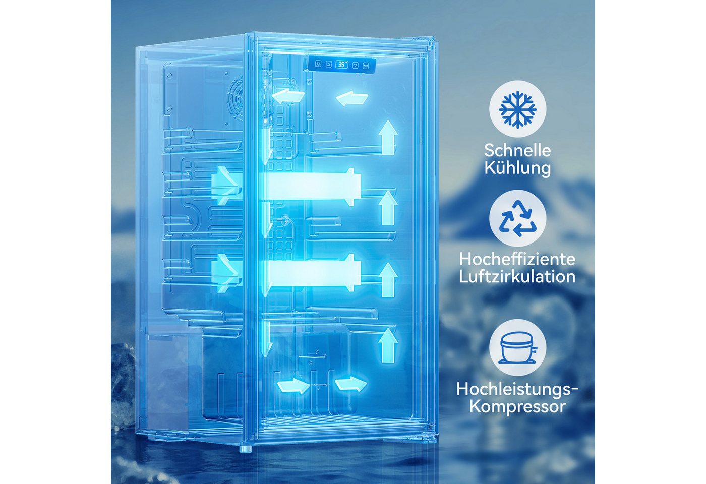 Furnicopia Getränkekühlschrank 89L, Doppelverglasung, LED-Beleuchtung, geräuscharm, silberner Aluminium-Rahmen KVC-90A, LED-Touch, verstellbare Füße & Ablagen, silberner Alu-Rahmen