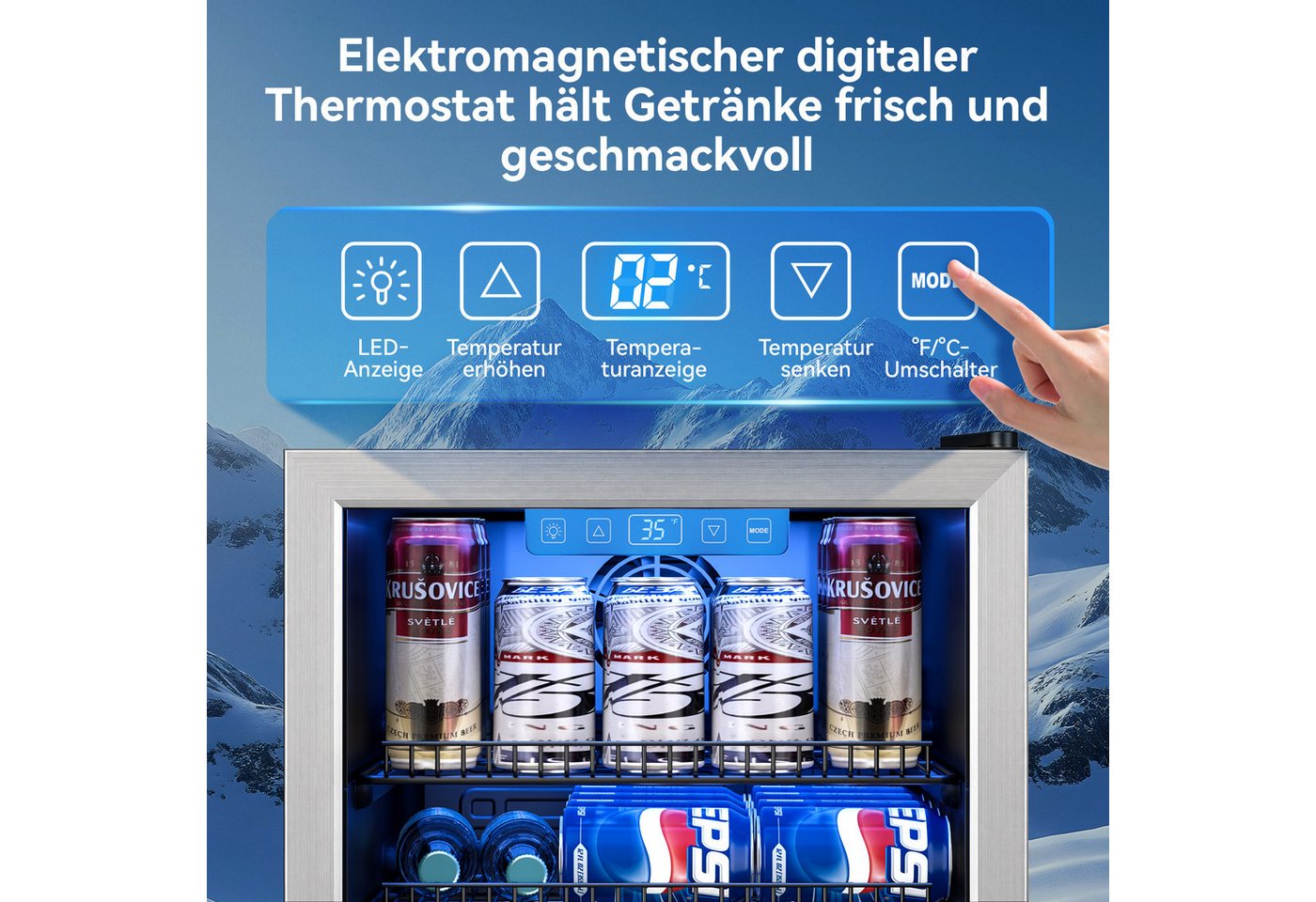 Furnicopia Getränkekühlschrank 89L, Doppelverglasung, LED-Beleuchtung, geräuscharm, silberner Aluminium-Rahmen KVC-90A, LED-Touch, verstellbare Füße & Ablagen, silberner Alu-Rahmen Bild 2