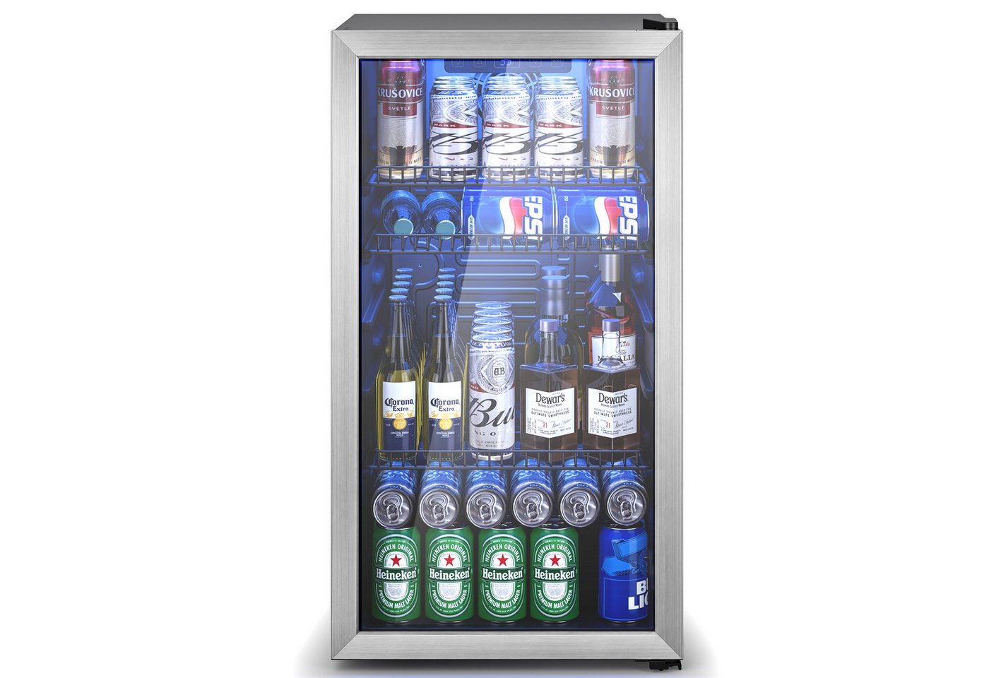 Furnicopia Getränkekühlschrank 89L, Doppelverglasung, LED-Beleuchtung, geräuscharm, silberner Aluminium-Rahmen KVC-90A, LED-Touch, verstellbare Füße & Ablagen, silberner Alu-Rahmen Bild 3