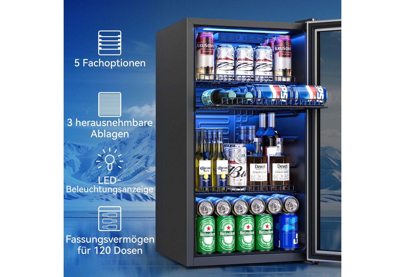 Furnicopia Getränkekühlschrank 89L, Doppelverglasung, LED-Beleuchtung, geräuscharm, silberner Aluminium-Rahmen KVC-90A, LED-Touch, verstellbare Füße & Ablagen, silberner Alu-Rahmen Bild 4