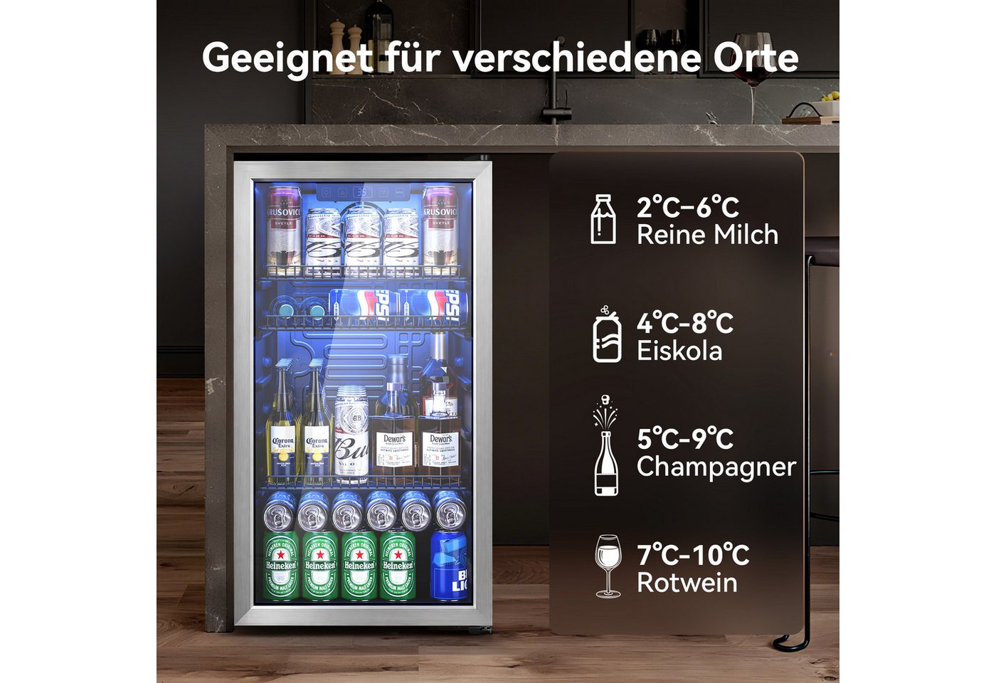 Furnicopia Getränkekühlschrank 89L, Doppelverglasung, LED-Beleuchtung, geräuscharm, silberner Aluminium-Rahmen KVC-90A, LED-Touch, verstellbare Füße & Ablagen, silberner Alu-Rahmen Bild 5