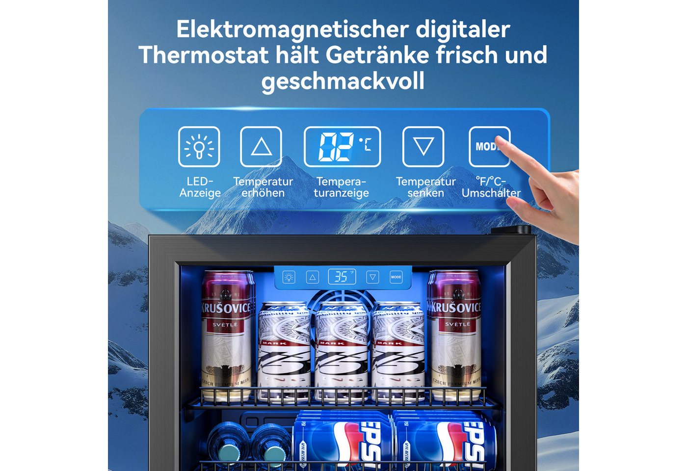 Furnicopia Getränkekühlschrank 89L,Doppelverglasung, LED-Beleuchtung, geräuscharm für Bar & Haushalt KVC-90A, Digitale LED-Touchscreen-Bedienung,höhenverstellbare Füße und Ablagen.