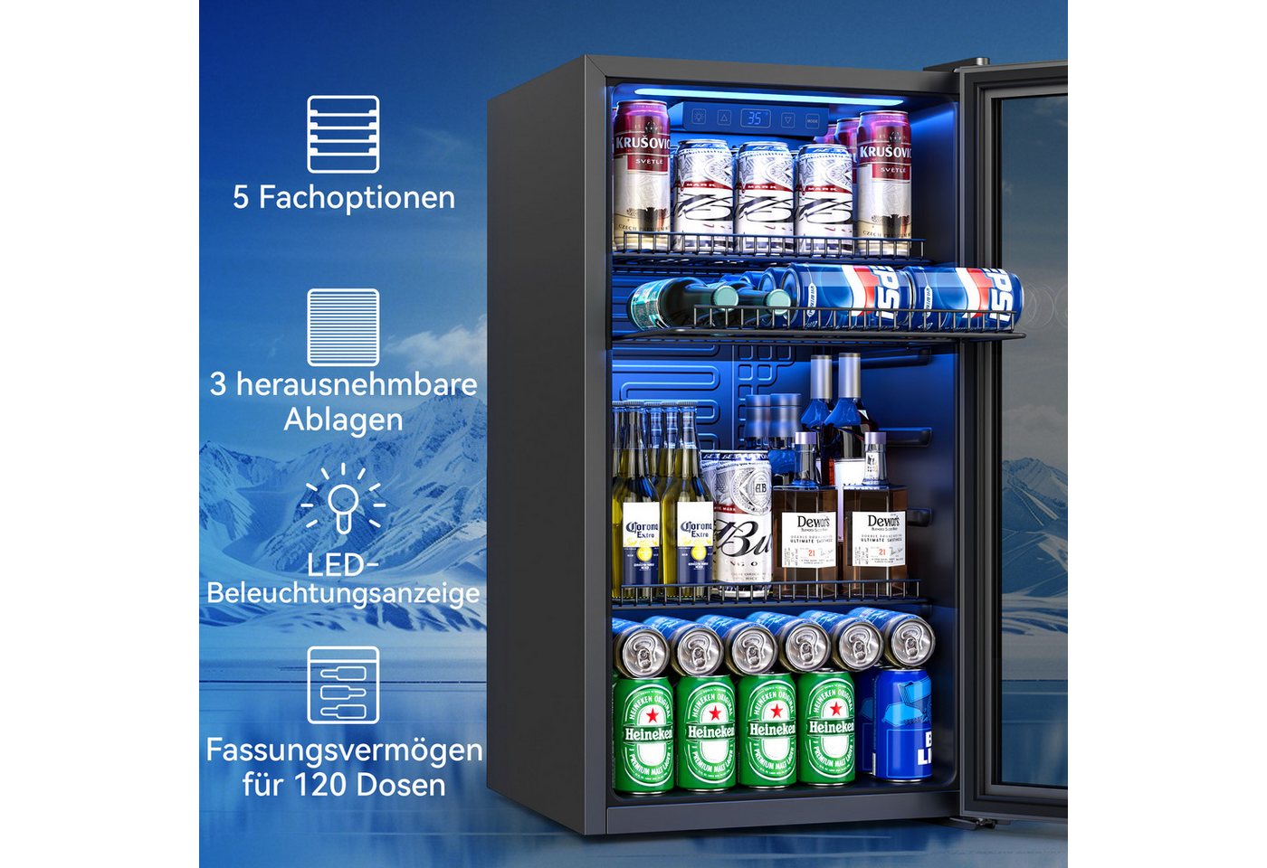 Furnicopia Getränkekühlschrank 89L,Doppelverglasung, LED-Beleuchtung, geräuscharm für Bar & Haushalt KVC-90A, Digitale LED-Touchscreen-Bedienung,höhenverstellbare Füße und Ablagen. Bild 3