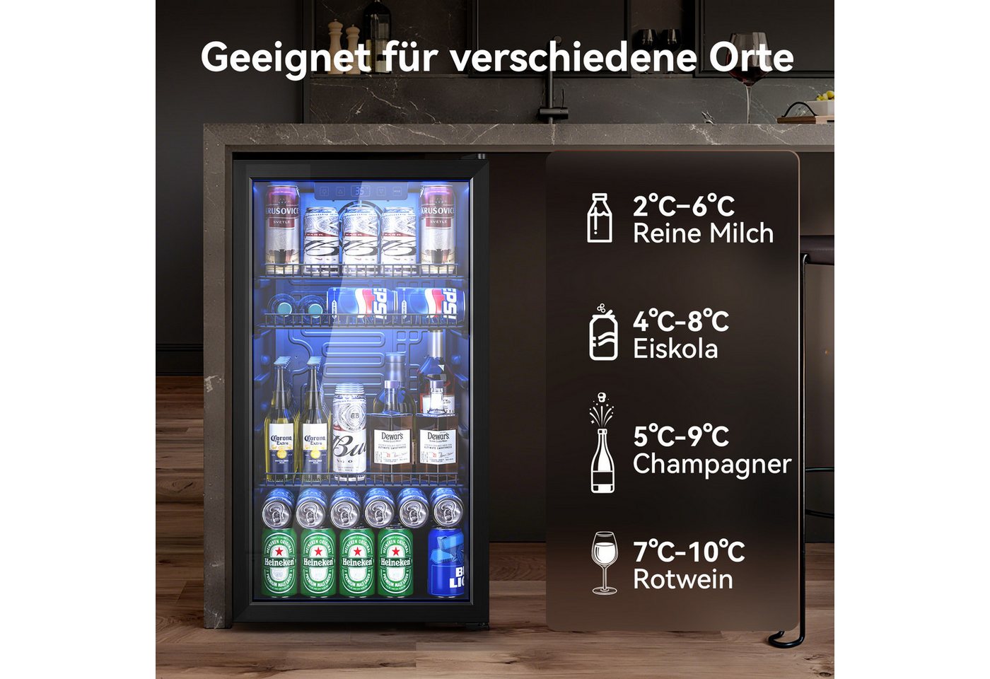 Furnicopia Getränkekühlschrank 89L,Doppelverglasung, LED-Beleuchtung, geräuscharm für Bar & Haushalt KVC-90A, Digitale LED-Touchscreen-Bedienung,höhenverstellbare Füße und Ablagen. Bild 4