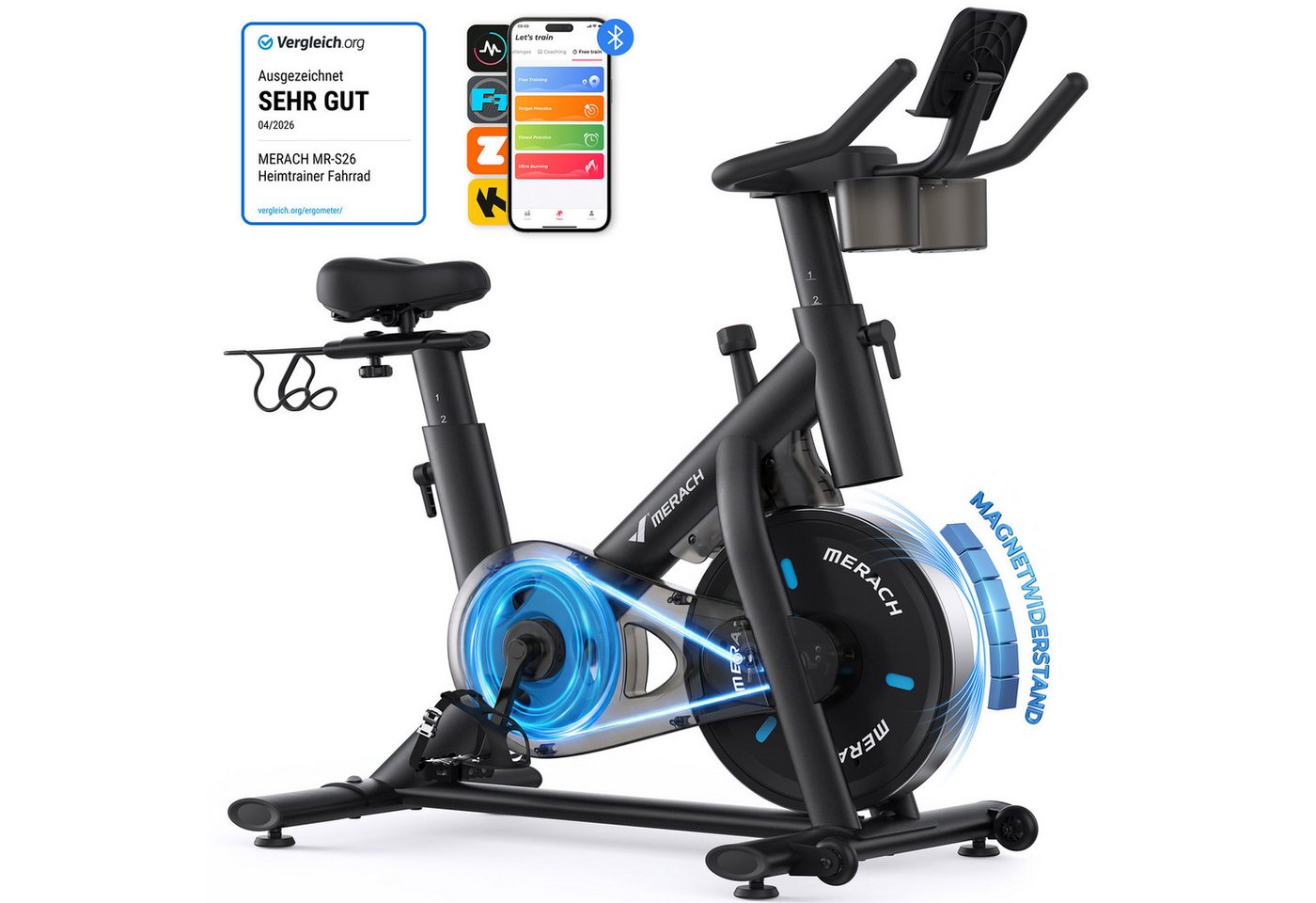 MERACH Heimtrainer Fahrrad leises Magnet-Speedbike mit App & LED-Monitor (Indoor Cycling Bike Magnet-Heimtrainer Fahrrad für Kardiotraining, 1-tlg., Inkl. LED-Monitor, Tablet-Halterung, Fitness-App & Komfort-Sattel), Leises Magnet-Bremssystem, App-Anbindung, belastbar bis 136 kg Bild 2