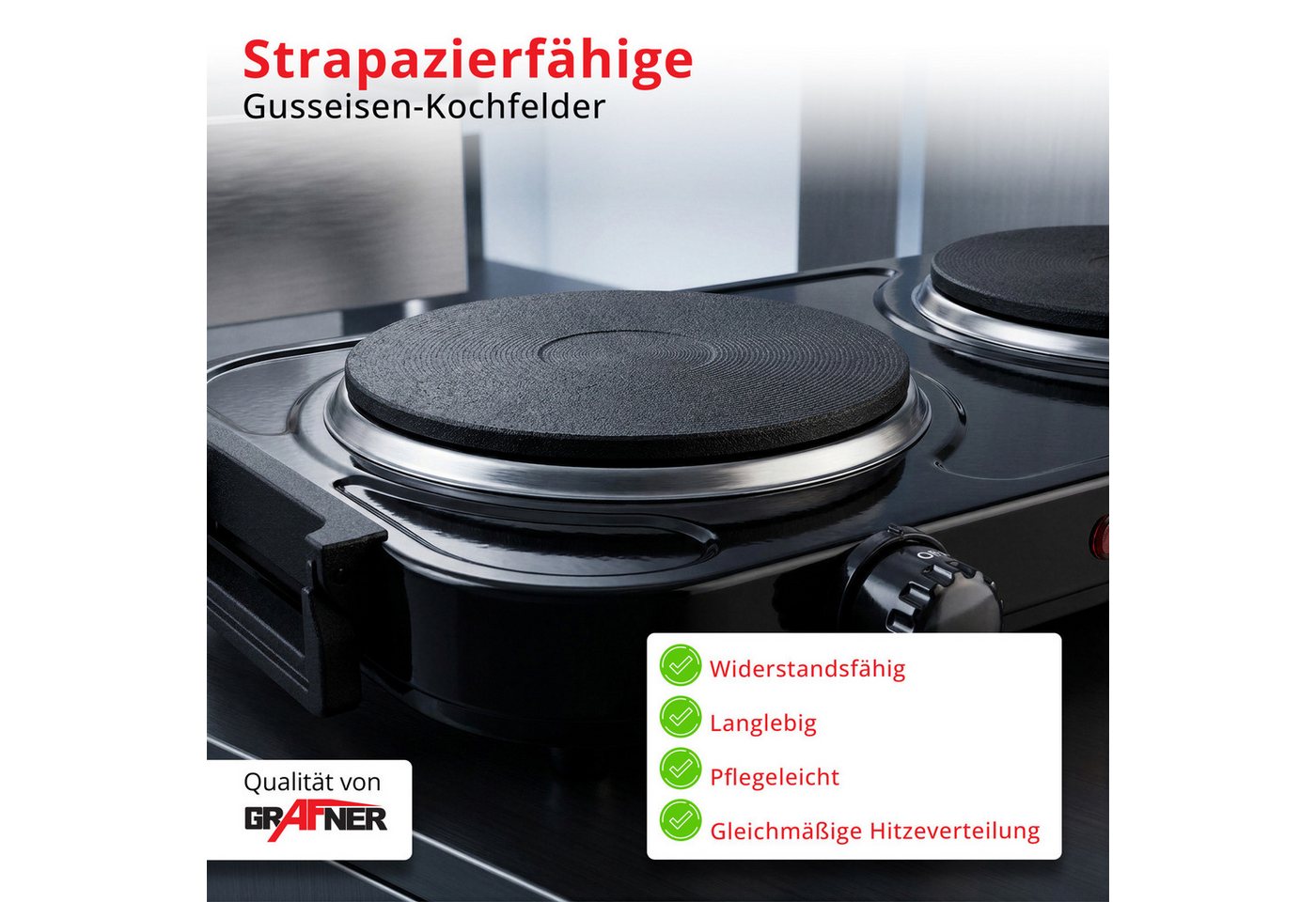 Grafner Doppelkochplatte Grafner® 2000 Watt mit klappbaren Griffen Schwarz, Mobile Herdplatte, Überhitzungsschutz, 2000 Watt