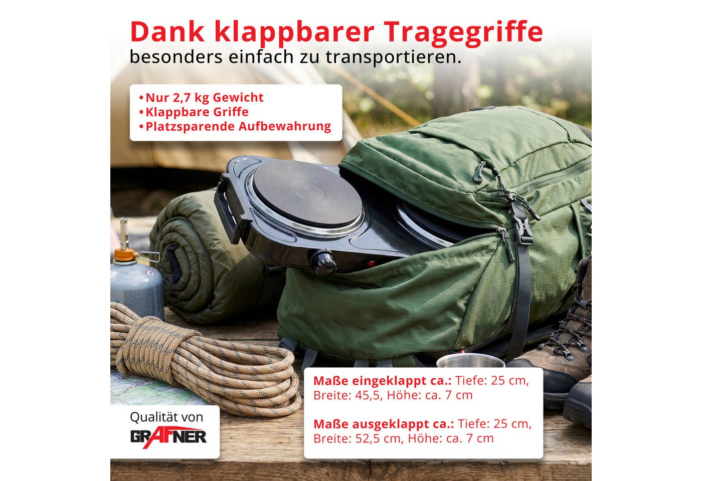 Grafner Doppelkochplatte Grafner® 2000 Watt mit klappbaren Griffen Schwarz, Mobile Herdplatte, Überhitzungsschutz, 2000 Watt Bild 2